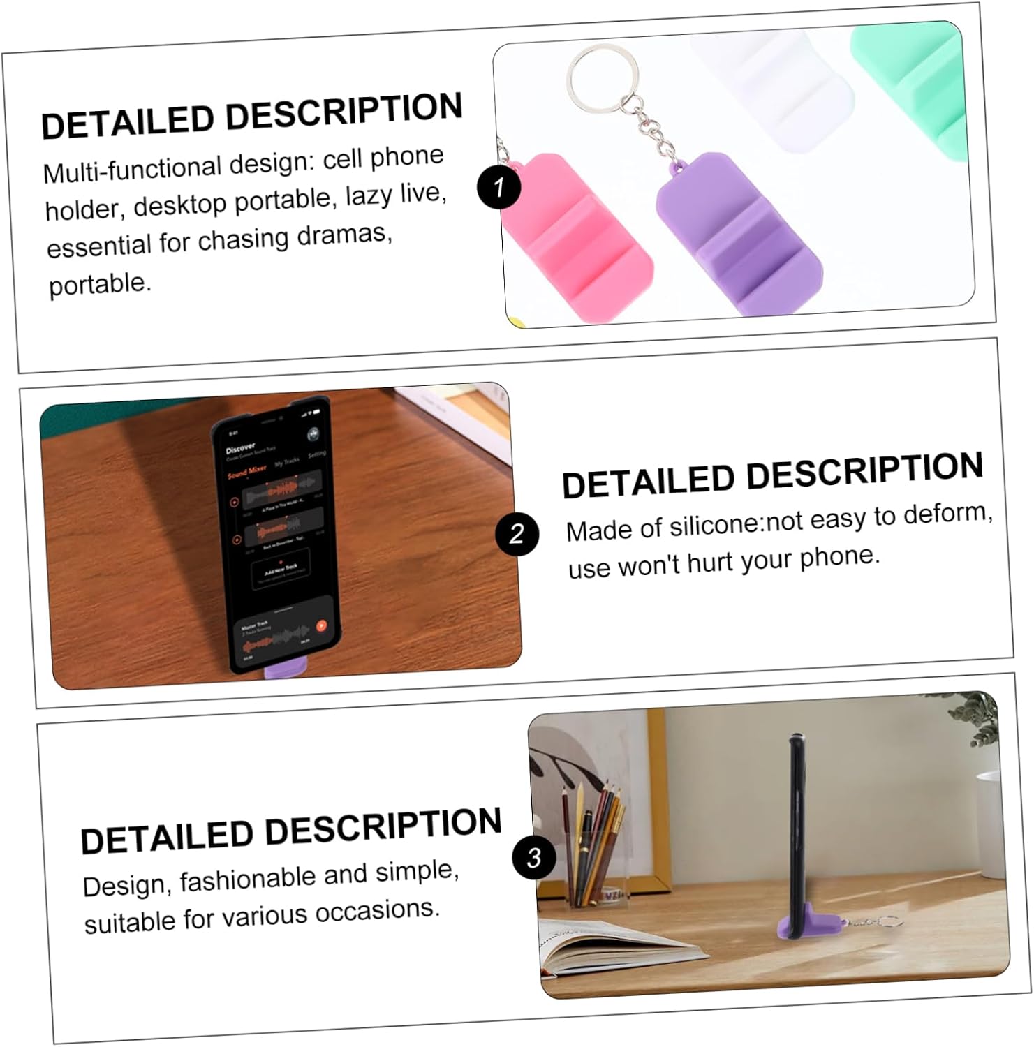 KALLORY 6pcs Portable Silicone Phone Stand Keychain Mini Cellphone Holder for Desktop Use Lightweight and for Home Office and Travel image 5
