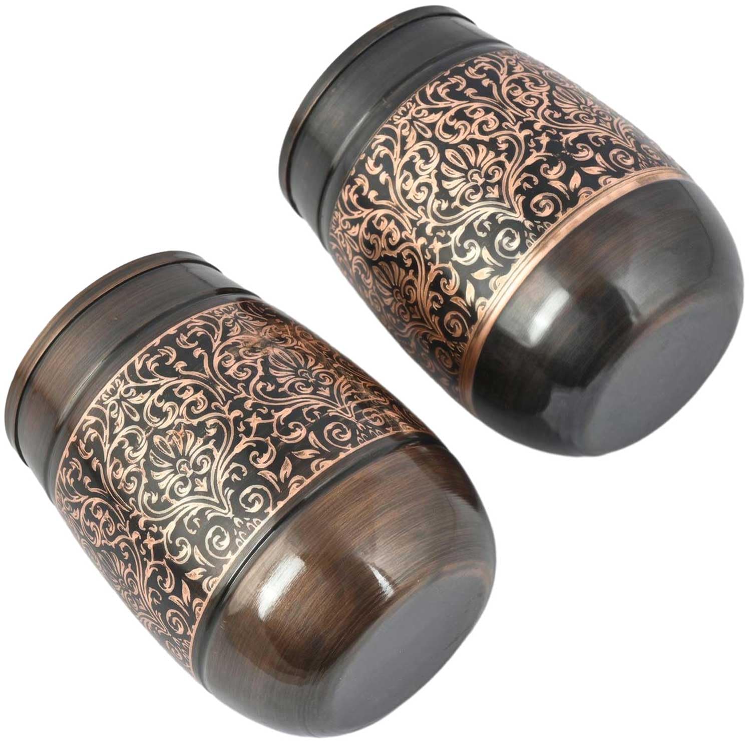 ANCIENTIMPEX Set di 2 bicchieri in rame, motivo floreale, capacità 250 ml, per benefici ayurvedici per la salute (a botte).