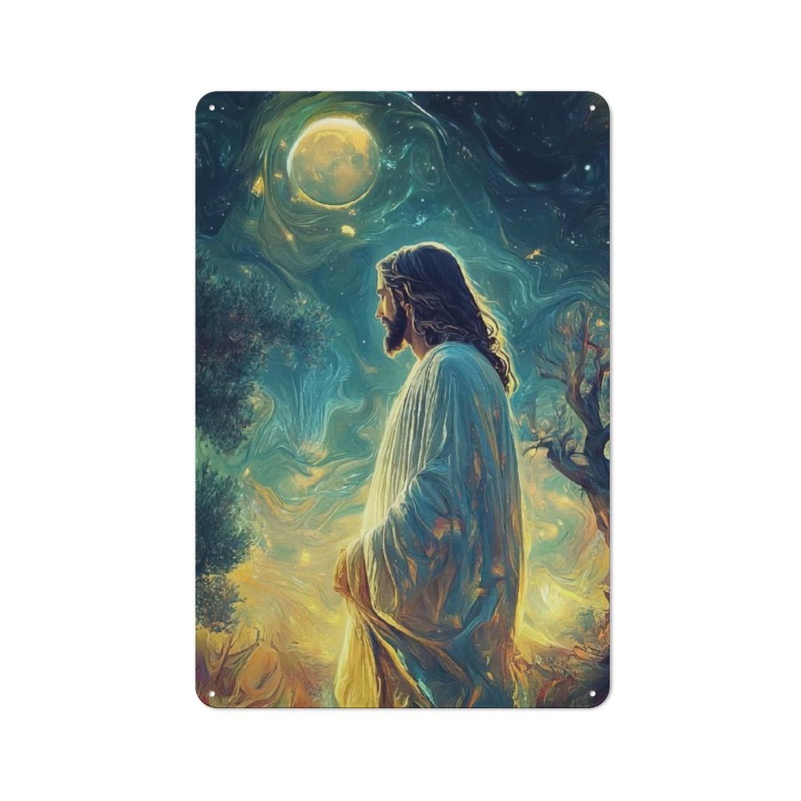 Junmoney Jesus Christ Starry Night Vintage Cafe Metal Sign 30X20cm Featuring Bistro Wall Plaque For Tea Room, Shop Wall Or Breakfast Area