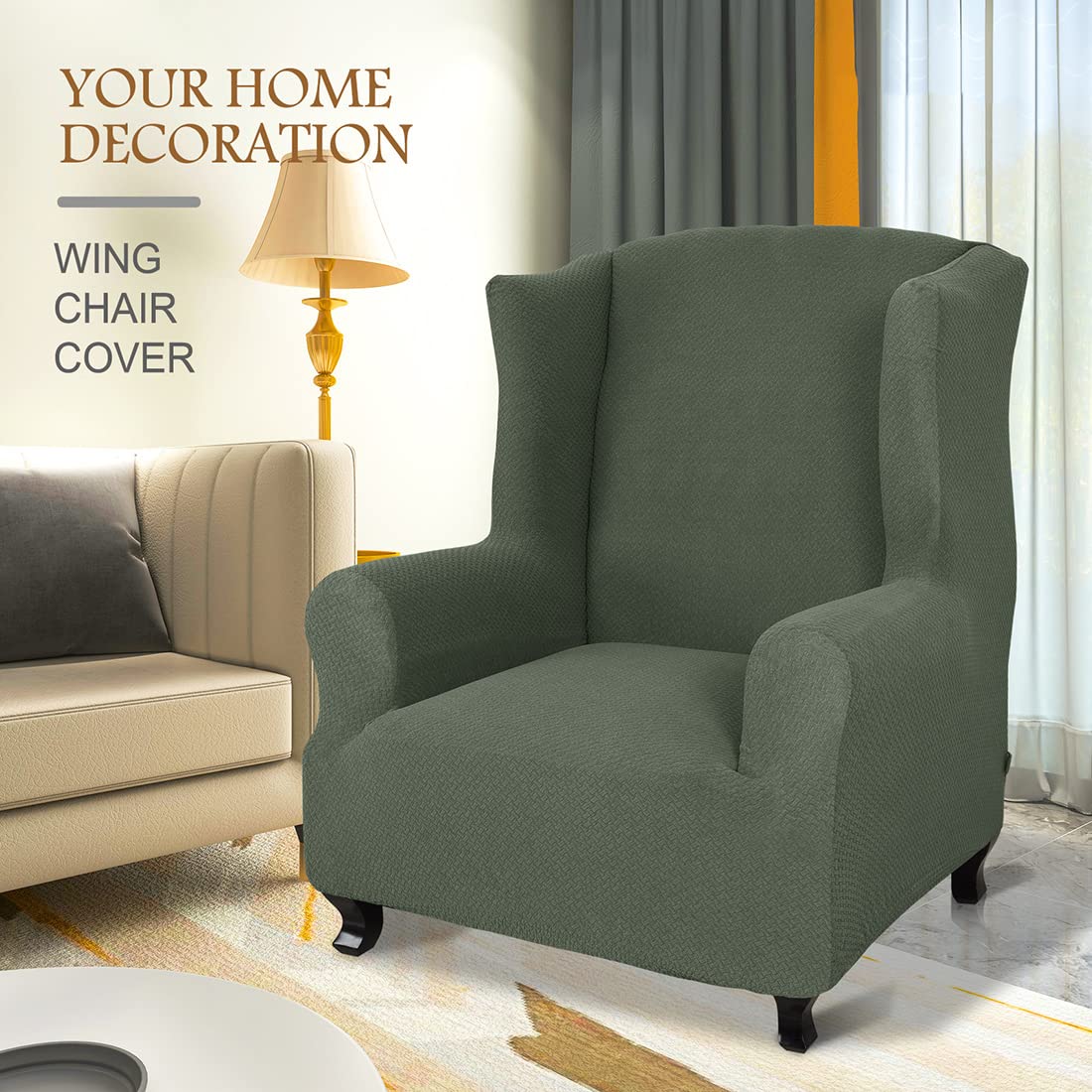 Fodera per poltrona ad ala ad ala verde ad alta elasticità, in morbido tessuto spesso lavorato a maglia, design a quadretti, 1 pezzo, protezione perfetta per l'arredamento della casa e il rinnovamento