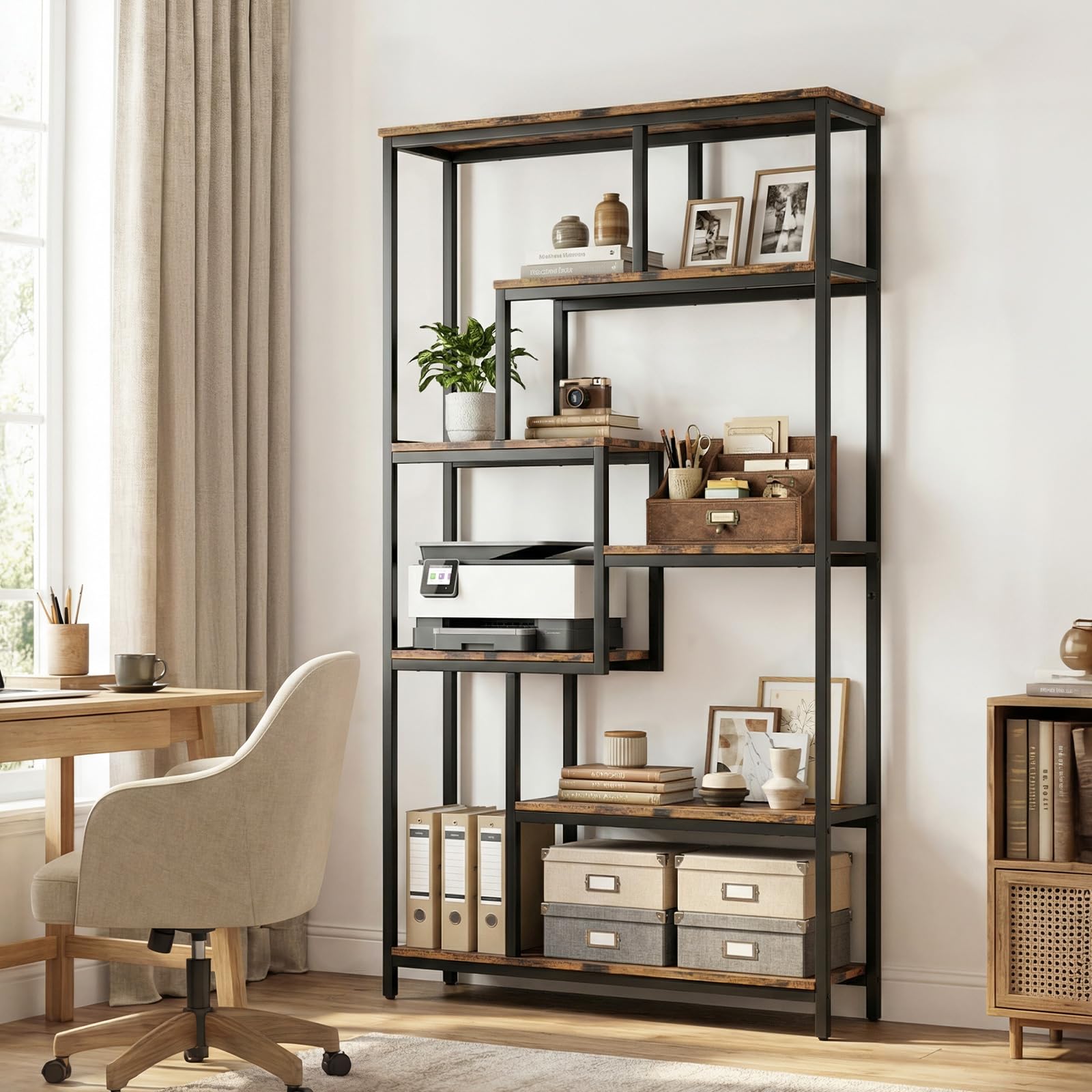 HOKEEPER Estantería Abierta Industrial de 7 Niveles, Librero Rústico Resistente a Cargas Pesadas, Soporte de Almacenamiento para Sala de Estar, Dormitorio, Oficina, Pasillo
