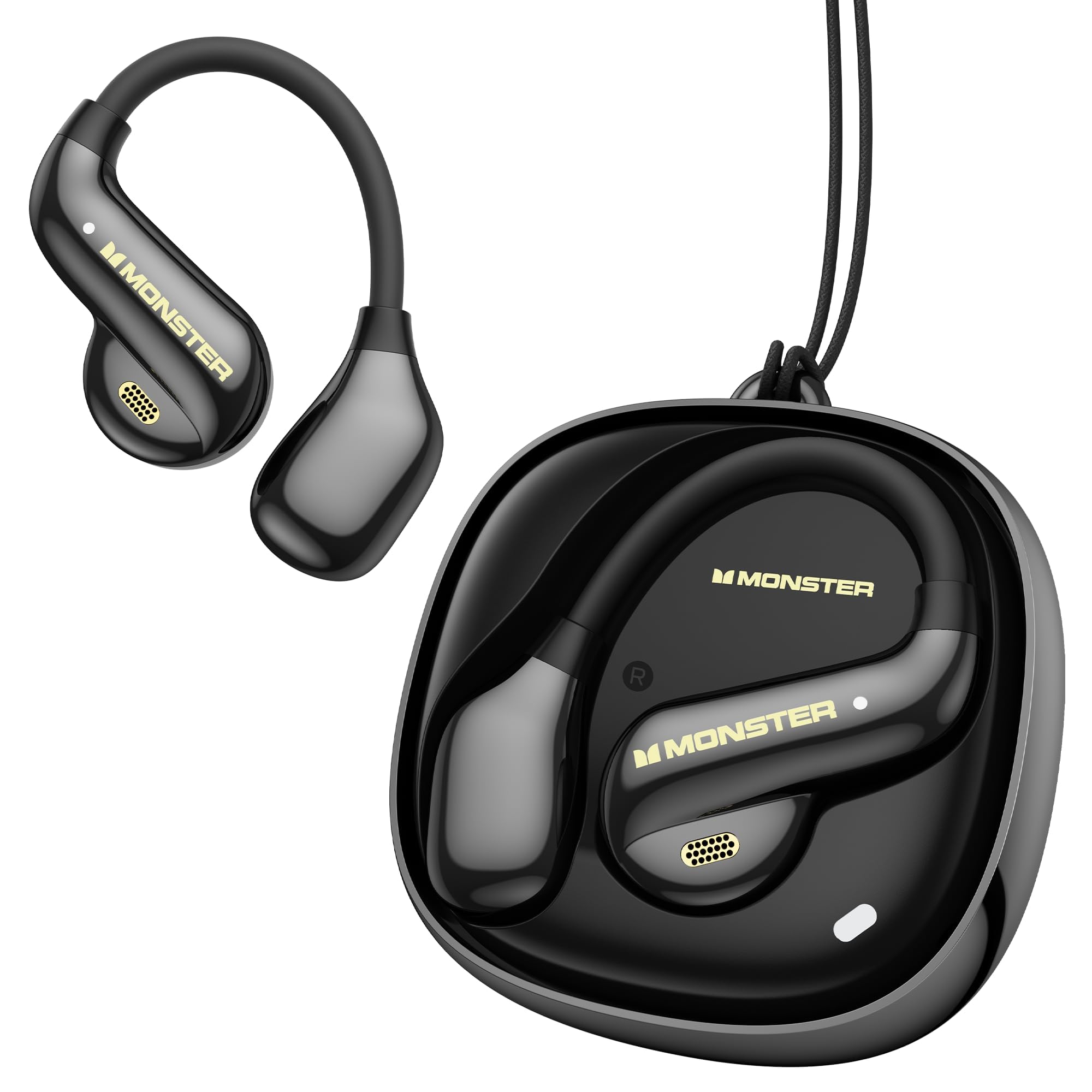 Monster Open Ear AC390 Headphones, Bluetooth 6.0 Earbuds with Stereo Sound, Wireless Headphones 24H Playtime, IPX5 Waterproof, Rotating Charging Case with Lanyard, Ultra-Light Open Ear Earbuds Black