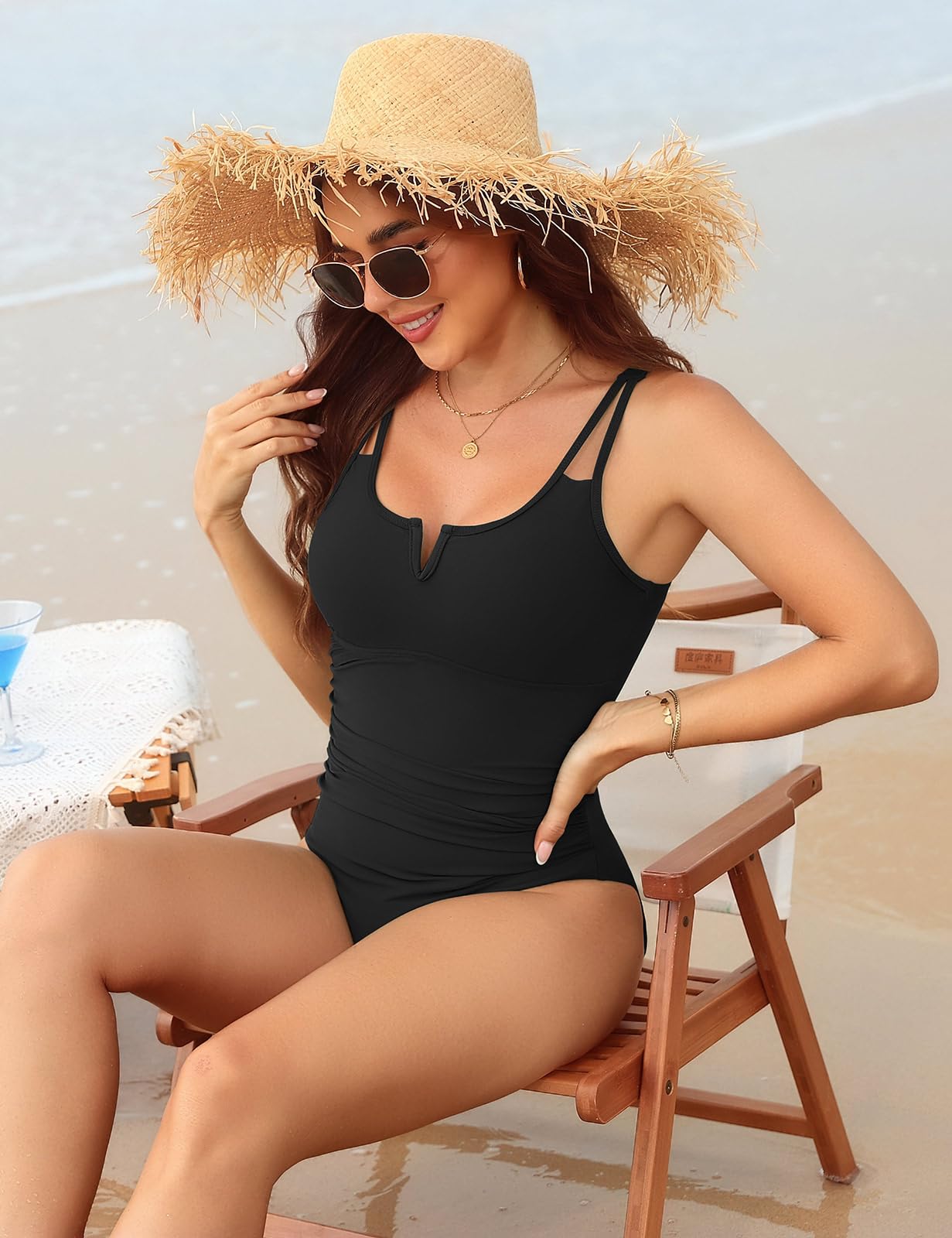 Nadeer Maillot de Bain Femme 1 Pieces Elégant Monokini Push Up Maillot Une Pièce Modeste Haut Taille Contrôle du Ventre Slim Swimsuit Piscine de Plage Swimwear