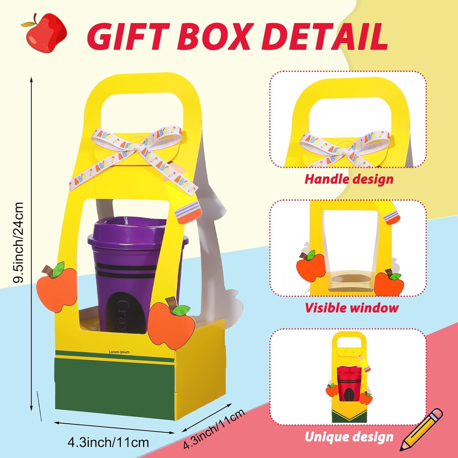 Maxdot 6 Set Teacher Appreciation Gifts Bulk 16 oz Teacher Plastic Cups Crayon Tumblers with Apple Keychain Yellow Ribbon Cup Holders with Handle for Teacher's Day Graduation Back to School Classroom