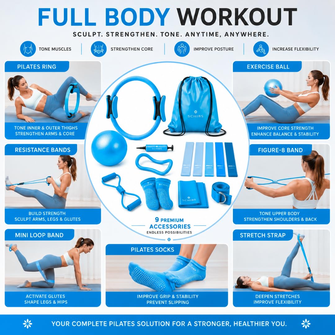 Juego de anillos de pilates para mujer, equipo de pilates de entrenamiento en casa con bandas de resistencia, círculo mágico de 14 pulgadas, mini bola, kit de inicio de pilates para fuerza