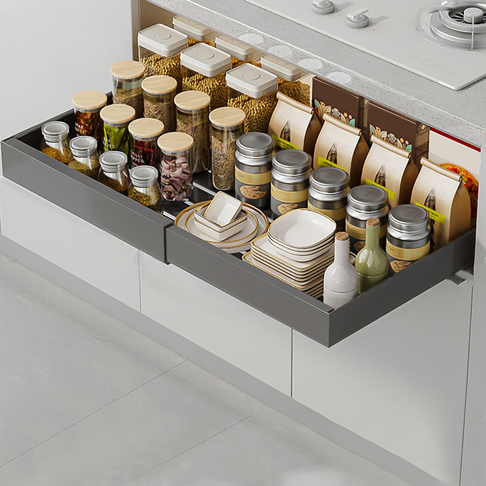 joukares Pull out Cabinet Organiser, Pull out Kitchen Storage, Adhesive Extendable Shelf for Cupboard, Pantry Organizers and Storage, Slide out Drawers for Kitchen Cabinets Black L