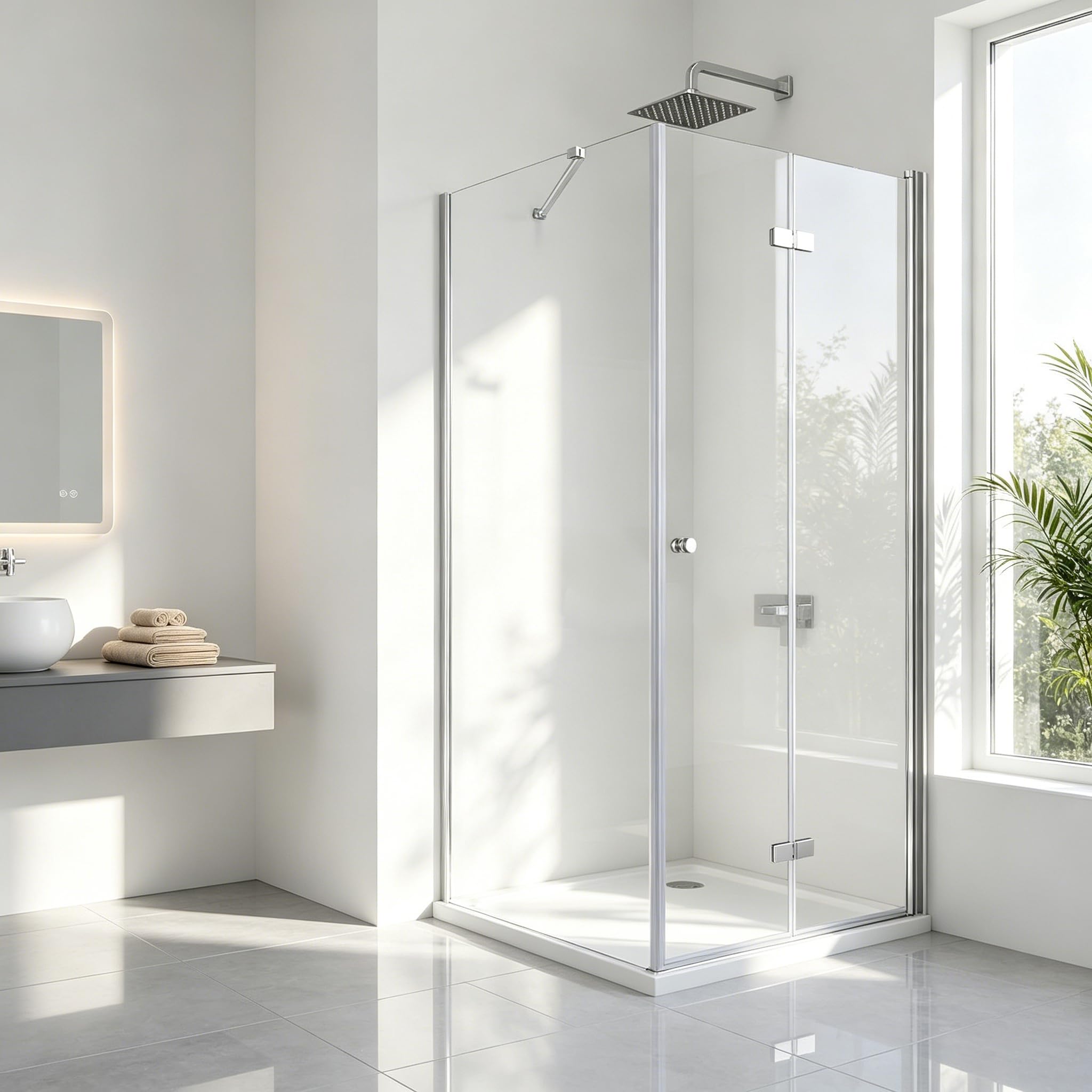Duschkabine Eckeinstieg 90x70x185 cm, Falttür mit Seitenwand – Eckdusche Duschabtrennung mit Pivot-System aus 6 mm ESG Sicherheitsglas, ohne Duschwanne