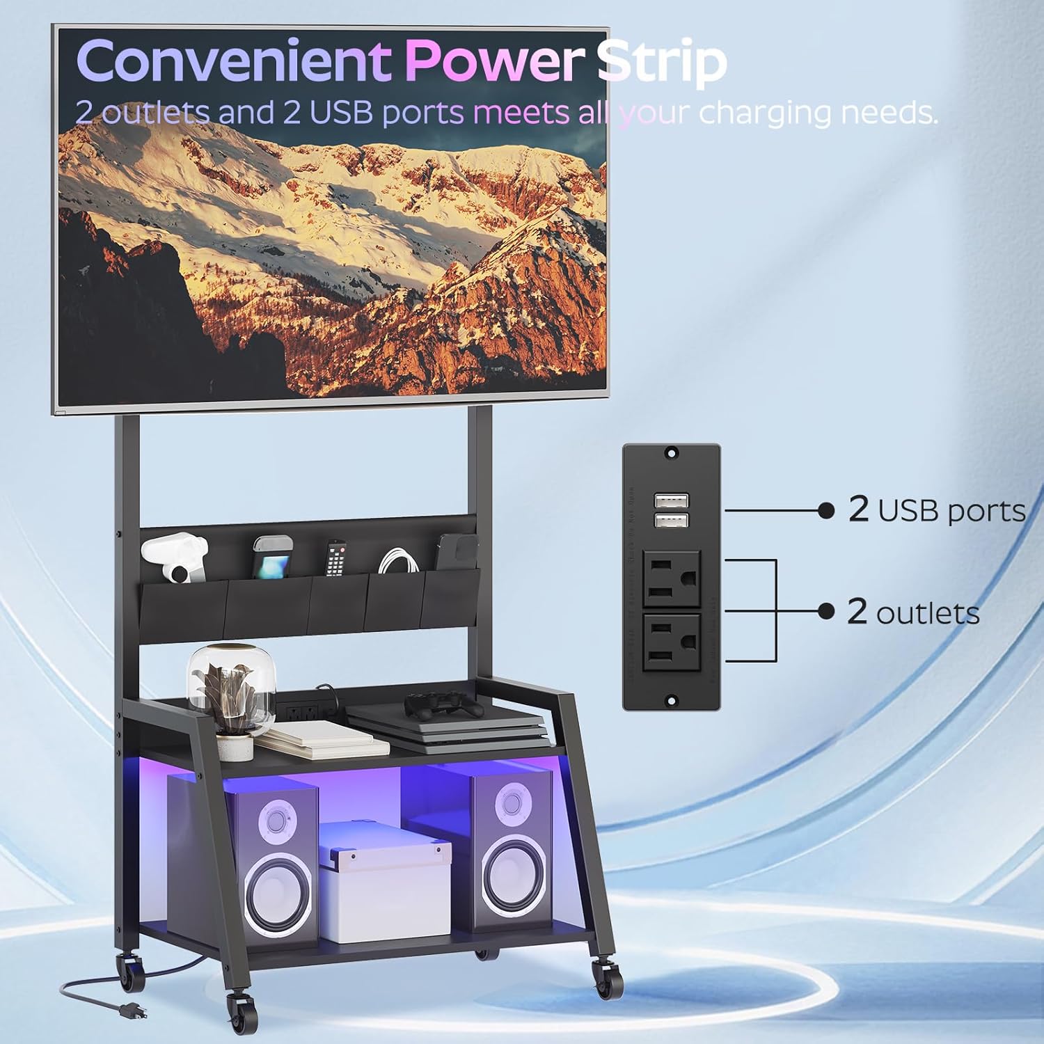 Rolling TV Stand with Power Outlet, Mobile TV Stand with LED Light Up to 55" TVs, TV Cart with Mount, 5 Oxford Fabric Pouches, for Living Room, Meeting Room, Black DS01UDBB