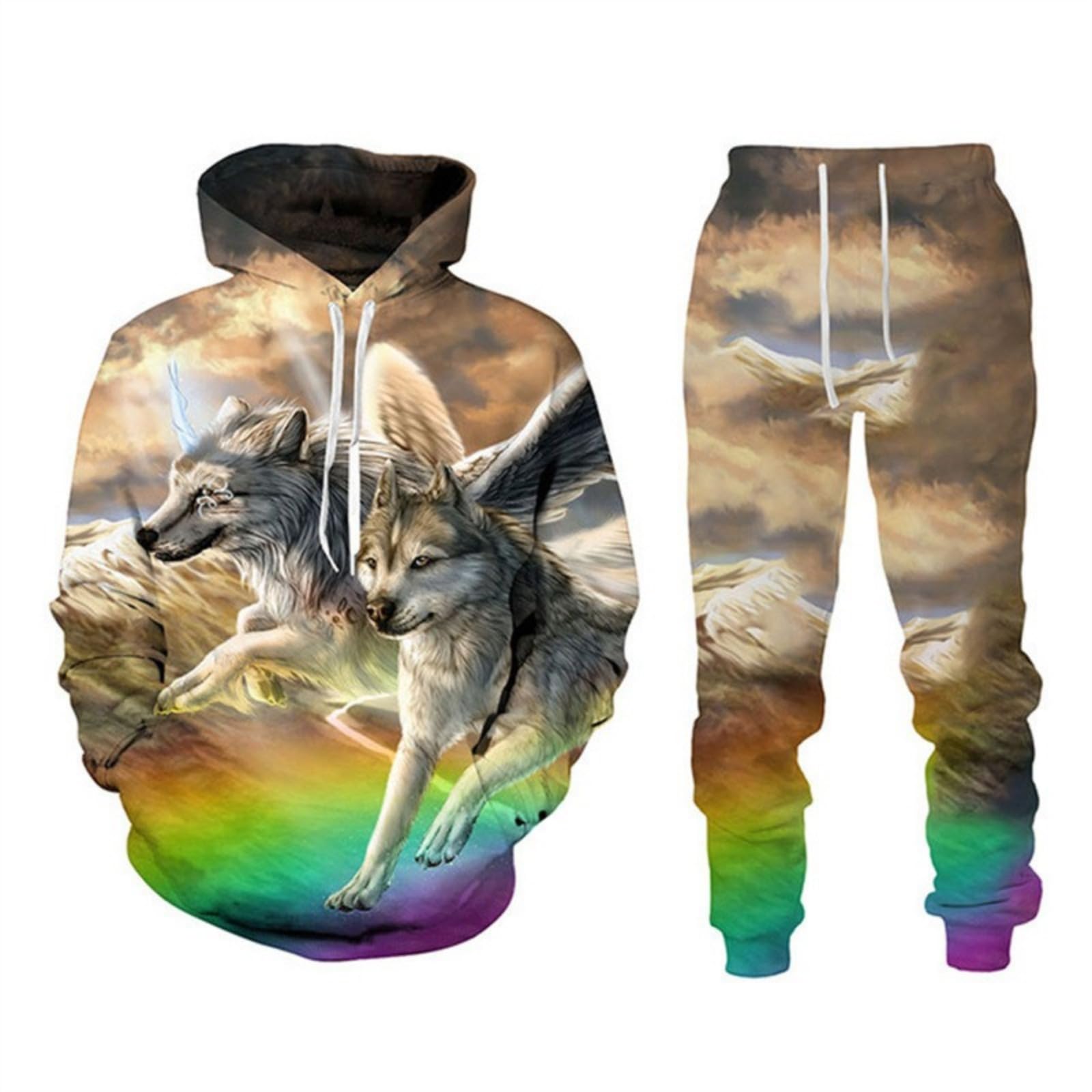 Conjunto deportivo de 2 piezas con estampado de lobo 3D para hombre, chaqueta completa y pantalones deportivos de manga larga