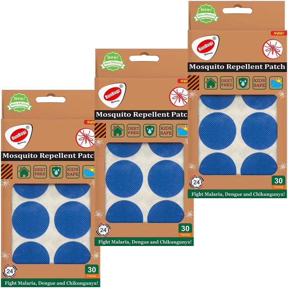 RunBugz Mosquito Repellent Patches For Kids - 30 Patches Blue - Pack of 3 - Deet-Free - Waterproof - Natural with 12hr. Protection from Dengue, Malaria, Chikunguniya
