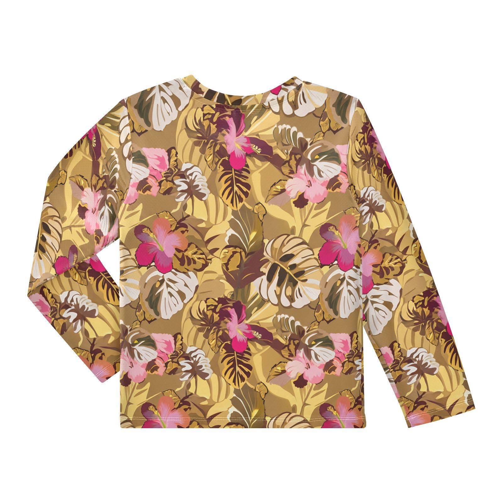 DOMIKING Monstera Flowers Golden Yellow Boys Long Sleeve Rashguard Shirt Kids Quick Dry Swim Shirt for Running Swiming Pool 9-10T
