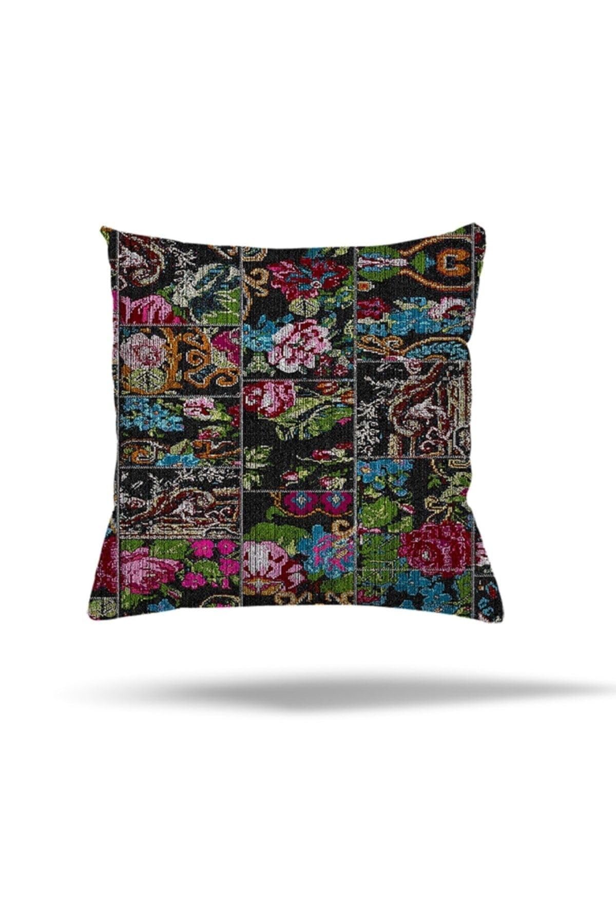 Pelangi Patchwork Çiçek Desen Etnik Gizli Fermuarlı Yastık Kılıfı Kırlent Kılıfı Koltuk Yastık Kılıfı, Çok Renkli 45 x 45