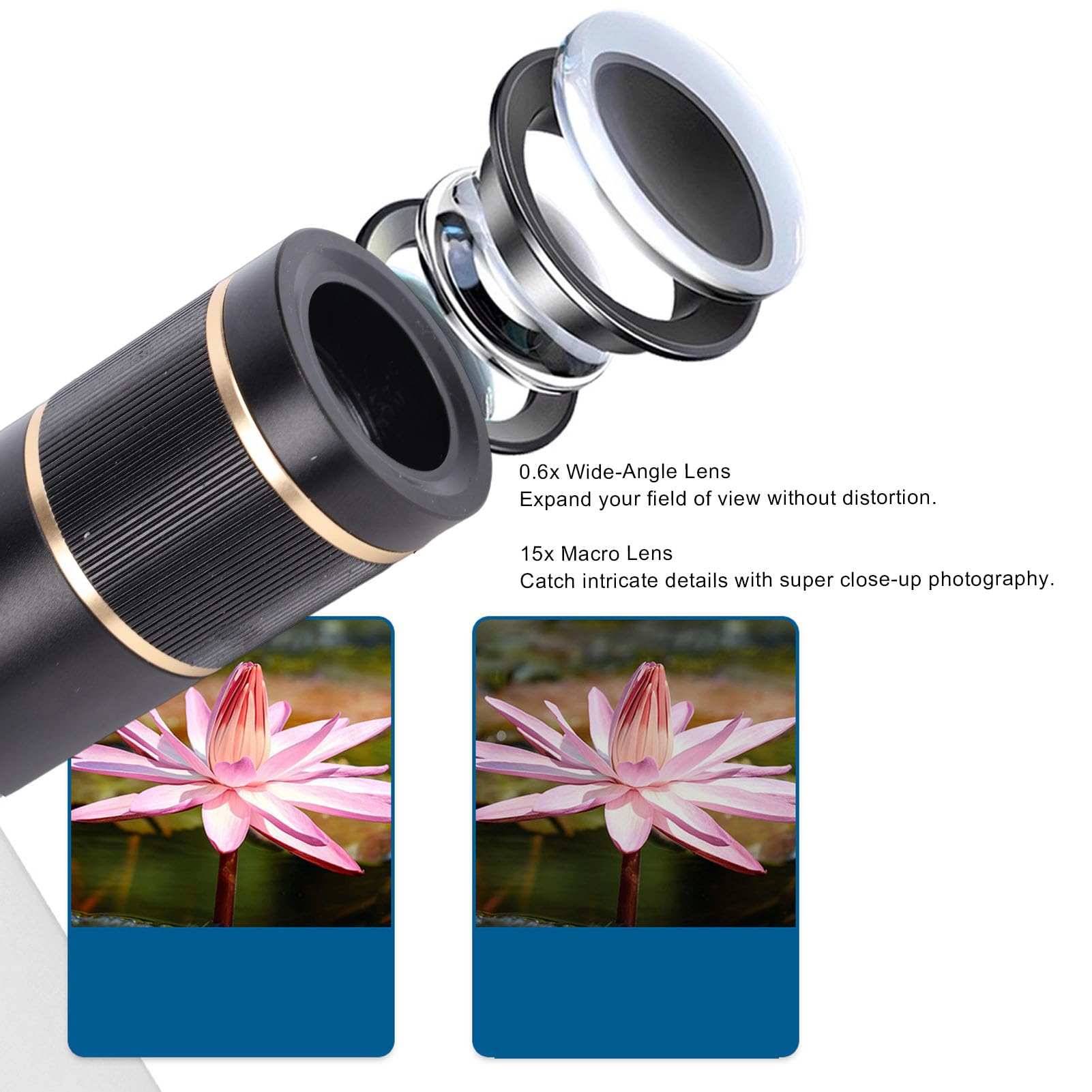 Kit Obiettivo Fotocamera Telefono, Teleobiettivo 22X Obiettivo Fisheye 198° Grandangolare 0,6X Macro 15X con Treppiede e Custodia, Smartphone e Tablet IOS