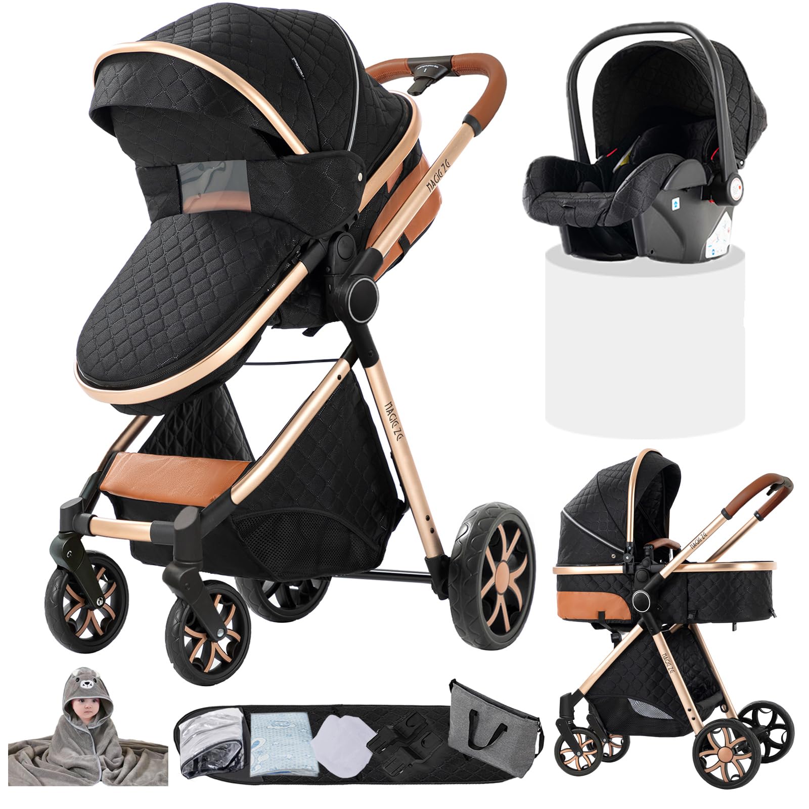 Passeggino 3 in 1 Trio con Due Modalità di Spinta Reversibile, Passeggino Neonati con Design Pieghevole in Un Clic, Trio Neonato con Grande Nacelle Comoda (YV9 Black)