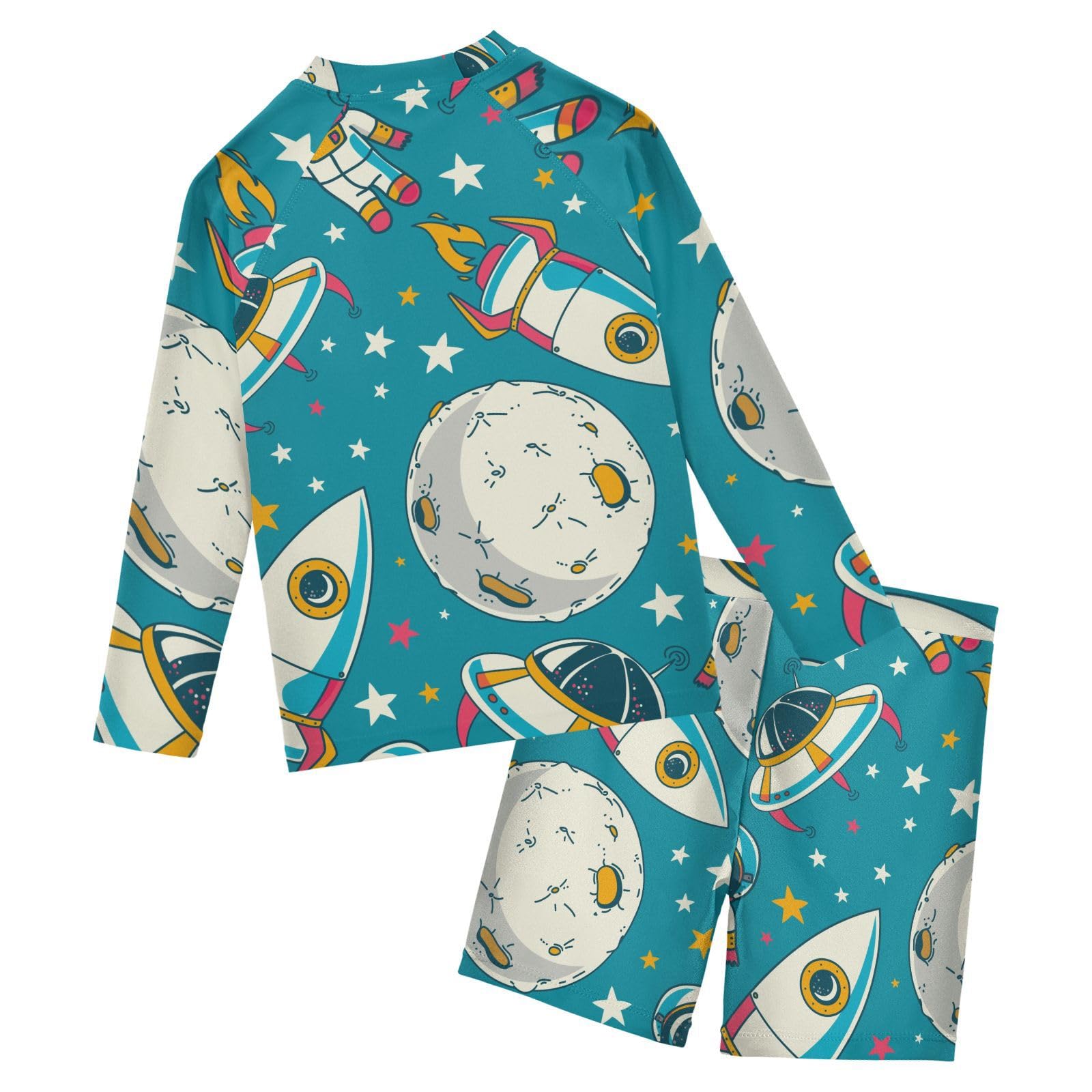 Aflyko Kids' Bathing Suit Set UFO Spaceship Planet Astronaut Long Sleeve Swim Tops with Shorts Summer Vacation Pool Party Rashguard Fun Cute Infant Beachwear, 4T Multicoloured