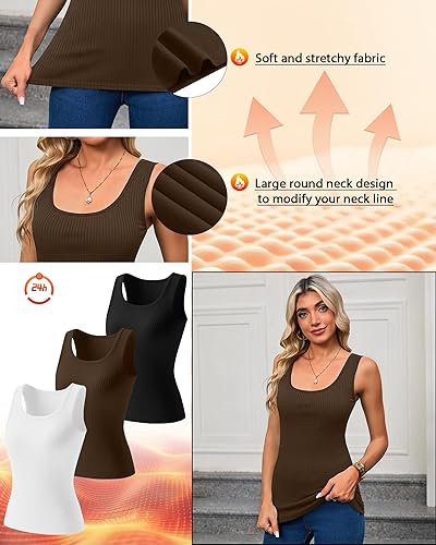 Miniatura 4 de Paquete de 3 camisetas térmicas sin mangas acanaladas para mujer, de forro polar de algodón, cuello redondo, ajustadas, capa base de camisola