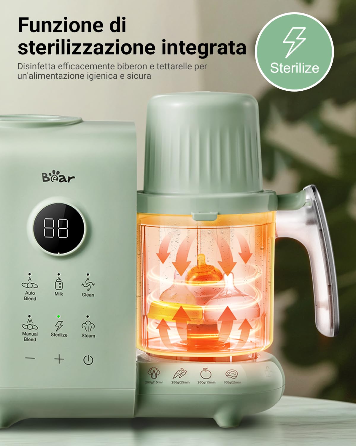 Bear Cuocere a vapore 6 in 1 con mixer Premium per alimenti per bambini, a vapore, mescolamento automatico, riscaldamento del latte, disinfezione, funzione autopulente, funzione di pulizia automatica