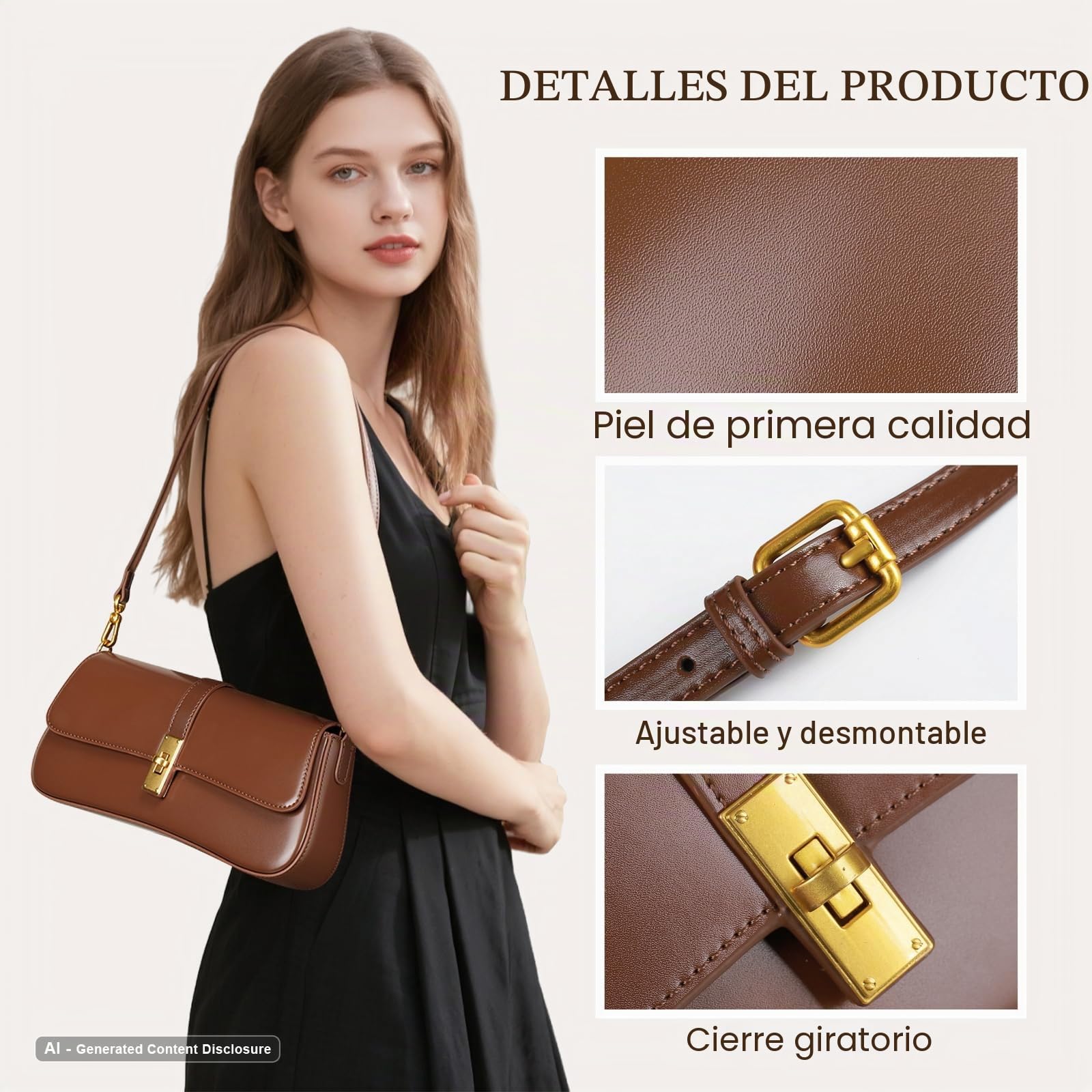 Bolso de hombro para mujer, bolso cruzado de piel auténtica con correas ajustables extraíbles