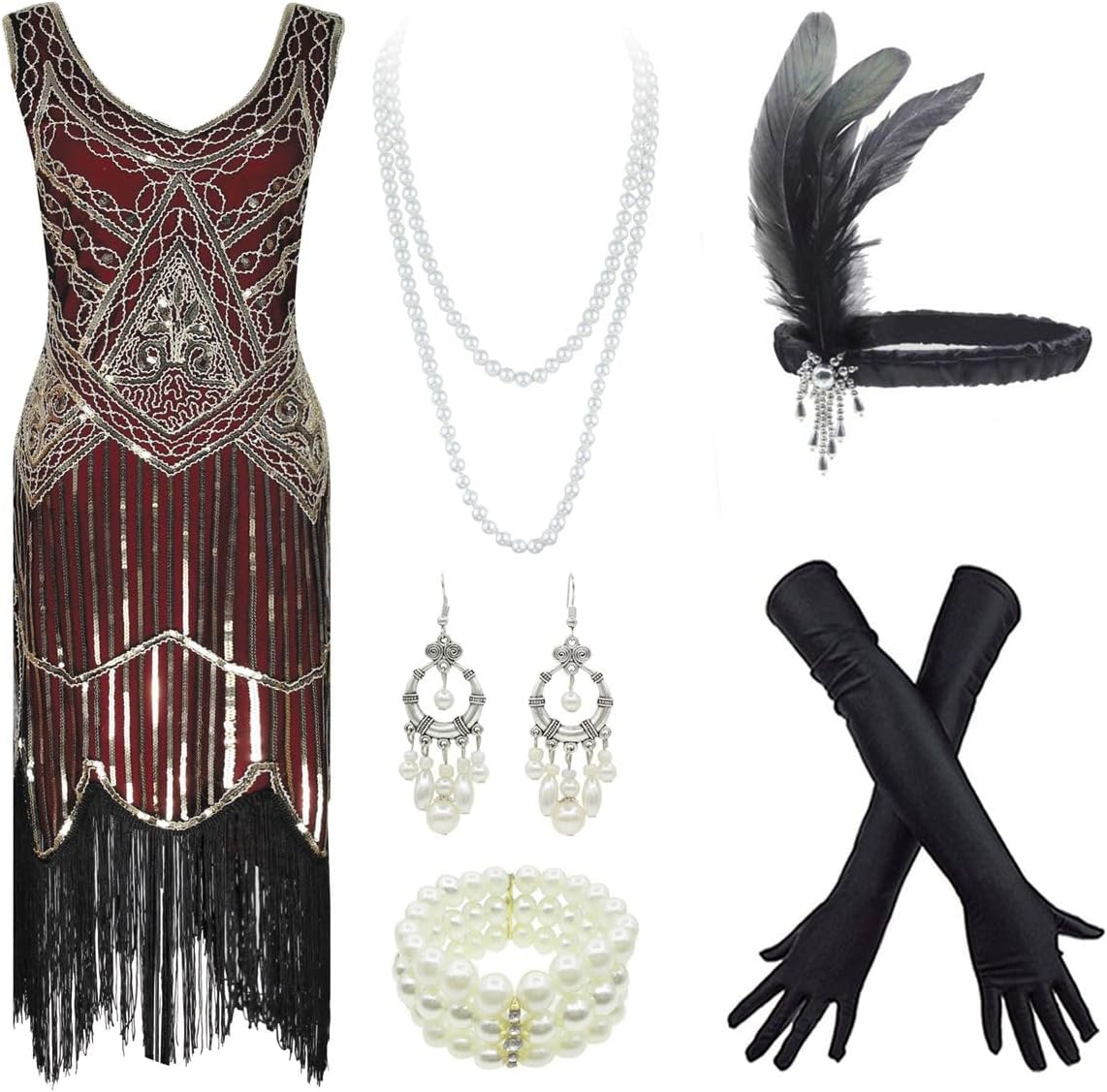 20s Flapper Gatsby Sequin Beaded Evening Cocktail Dress with Accessories Set