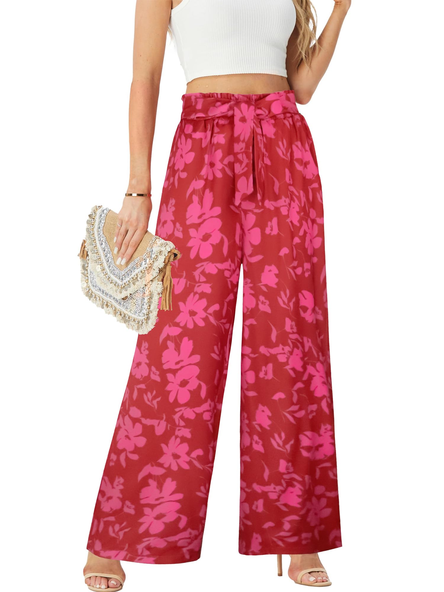 ECOWISH Palazzo Pants for Women Casual Summer Loose Baggy Wide Leg Flowy High Waisted Polka Dot Trouser with