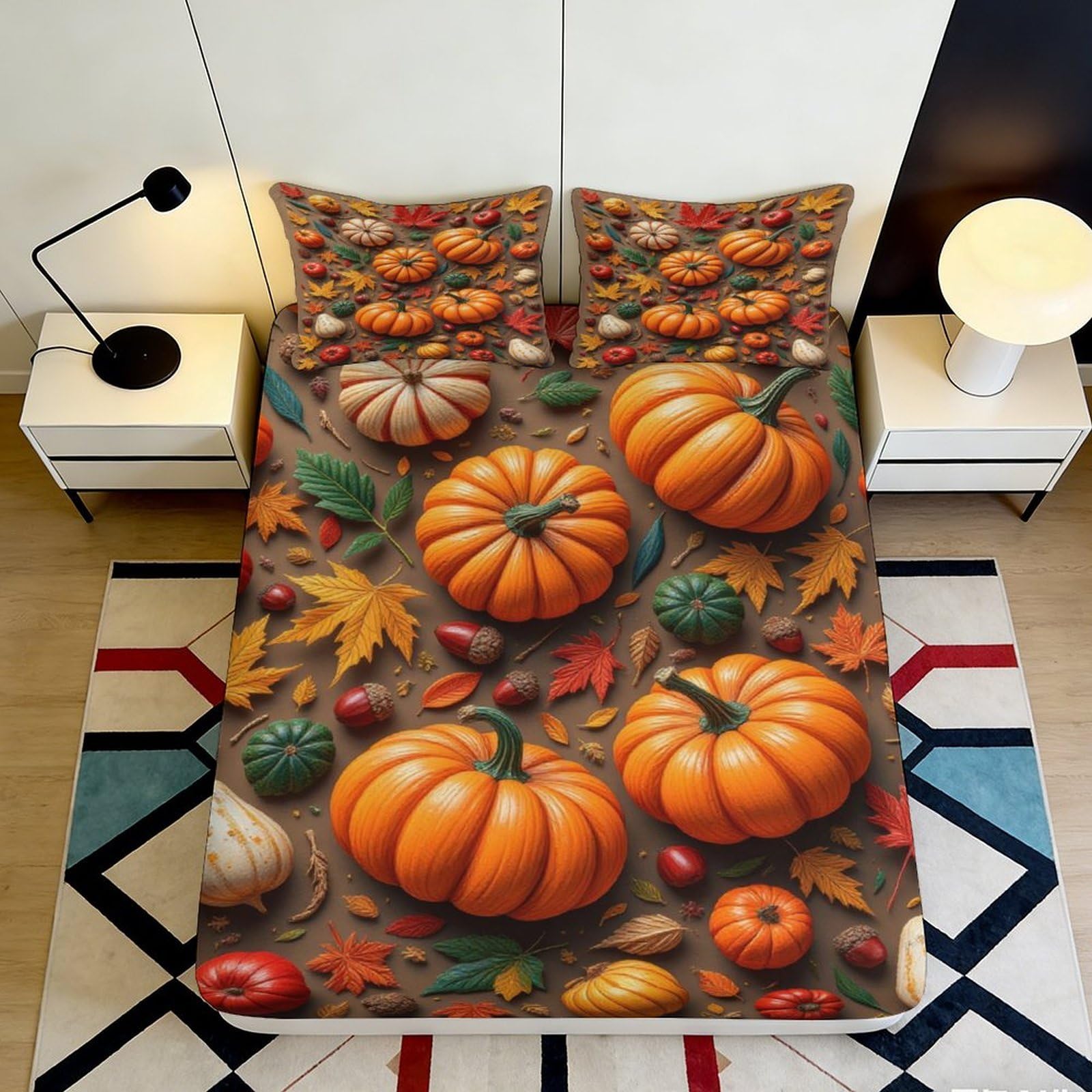 3D Printed Pumpkin Harvest Fitted Sheet Microfiber Autumn Leaves Bed Cover for Bedroom Dorm Mattress Decor 90x200x25cm