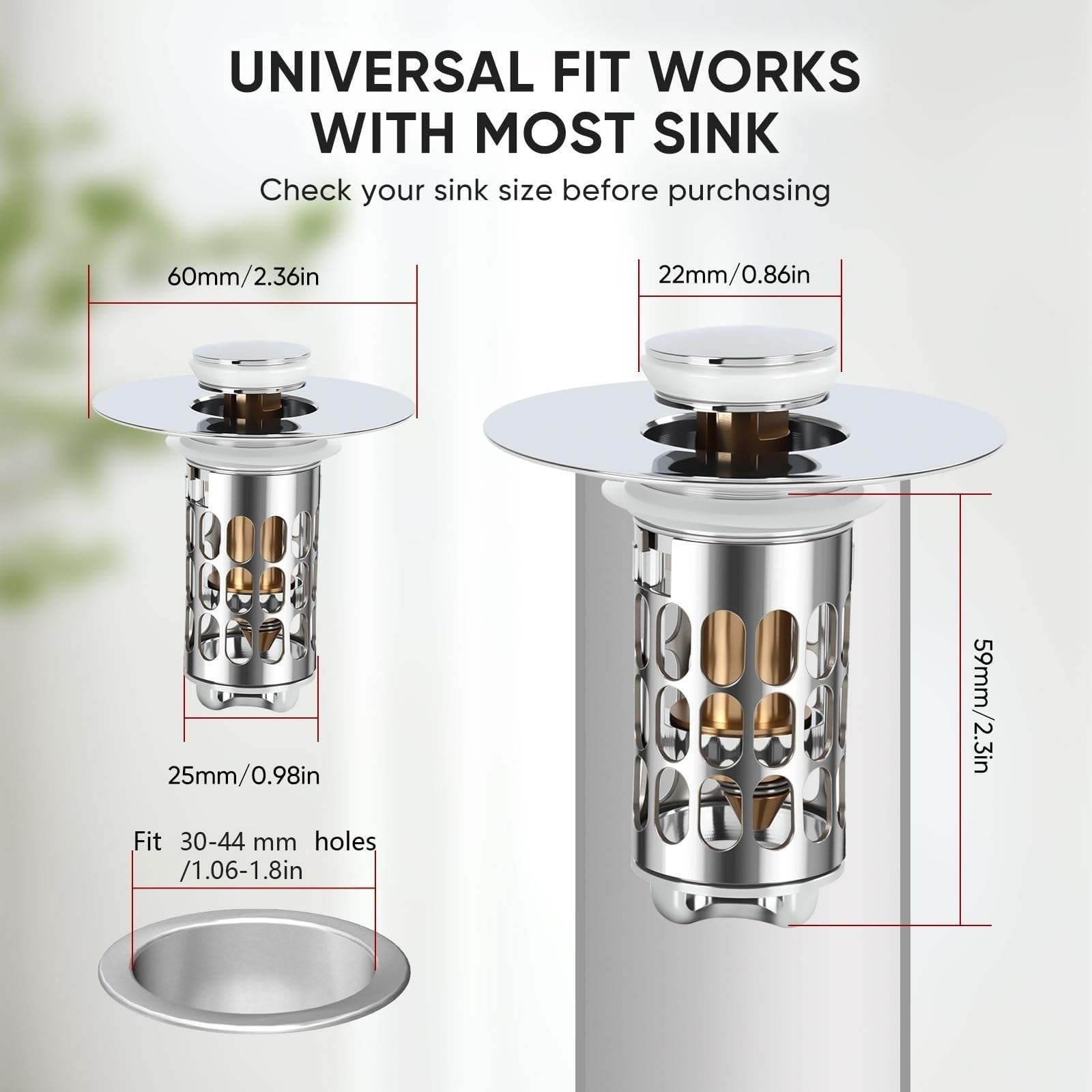Tapón de lavabo 3 en 1 con función desplegable, colador de desagüe y atrapa el pelo, acero inoxidable para orificio de drenaje de 30-44 mm, tapón de drenaje para lavabo de baño, antiobstrucción