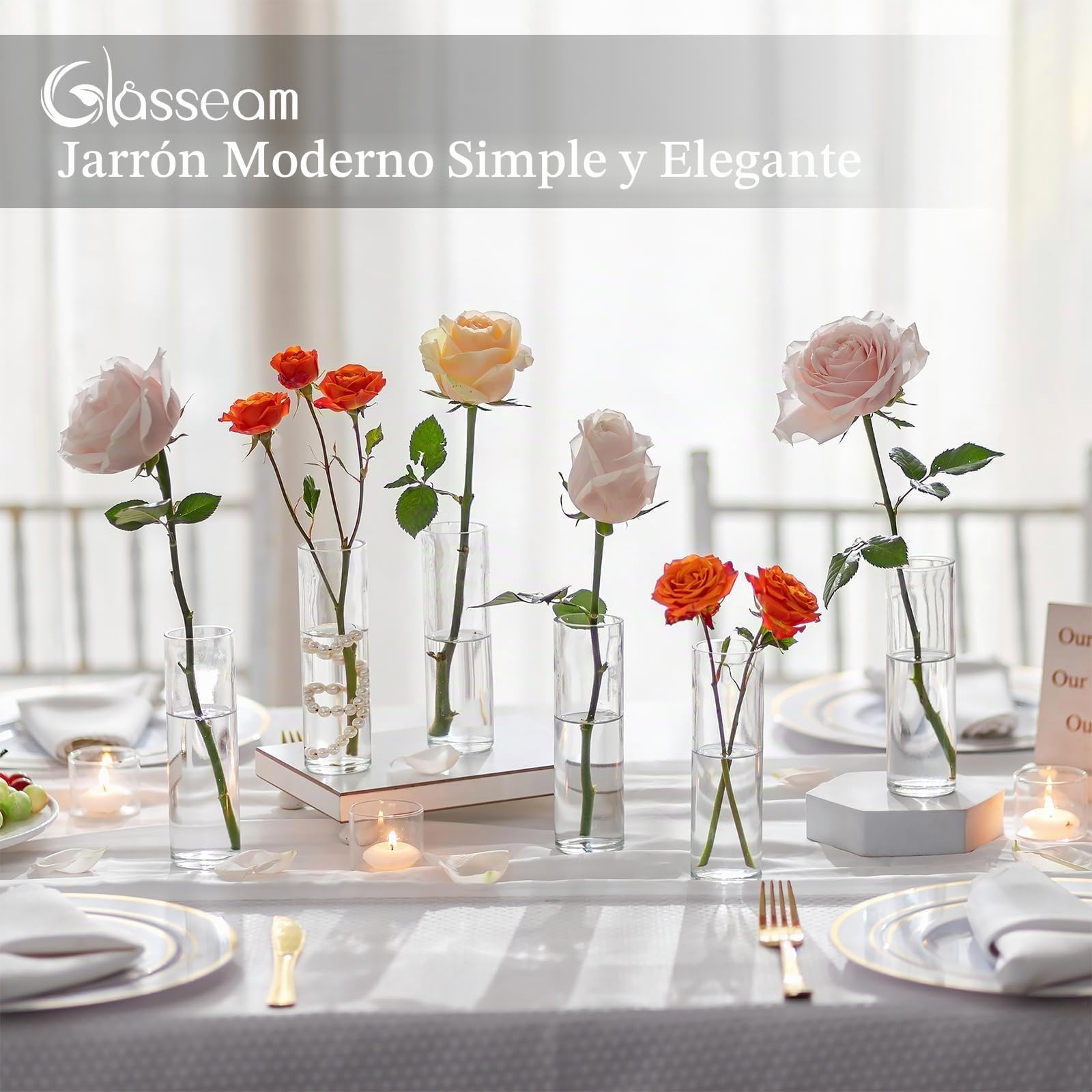 Glasseam Jarrón Cilíndrico de Cristal para Mesa: 24 Piezas de Pequeños Jarrones para Centro de Mesa de Boda Fiesta Decoración de Mesa en Casa - Jarrón Moderno Transparente para Rosas y Tulipanes