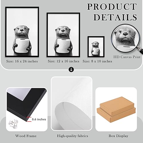 Miniatura 7 de Lienzo enmarcado en blanco y negro para el baño, divertida decoración de baño de animales, linda nutria sosteniendo un rollo de papel higiénico,