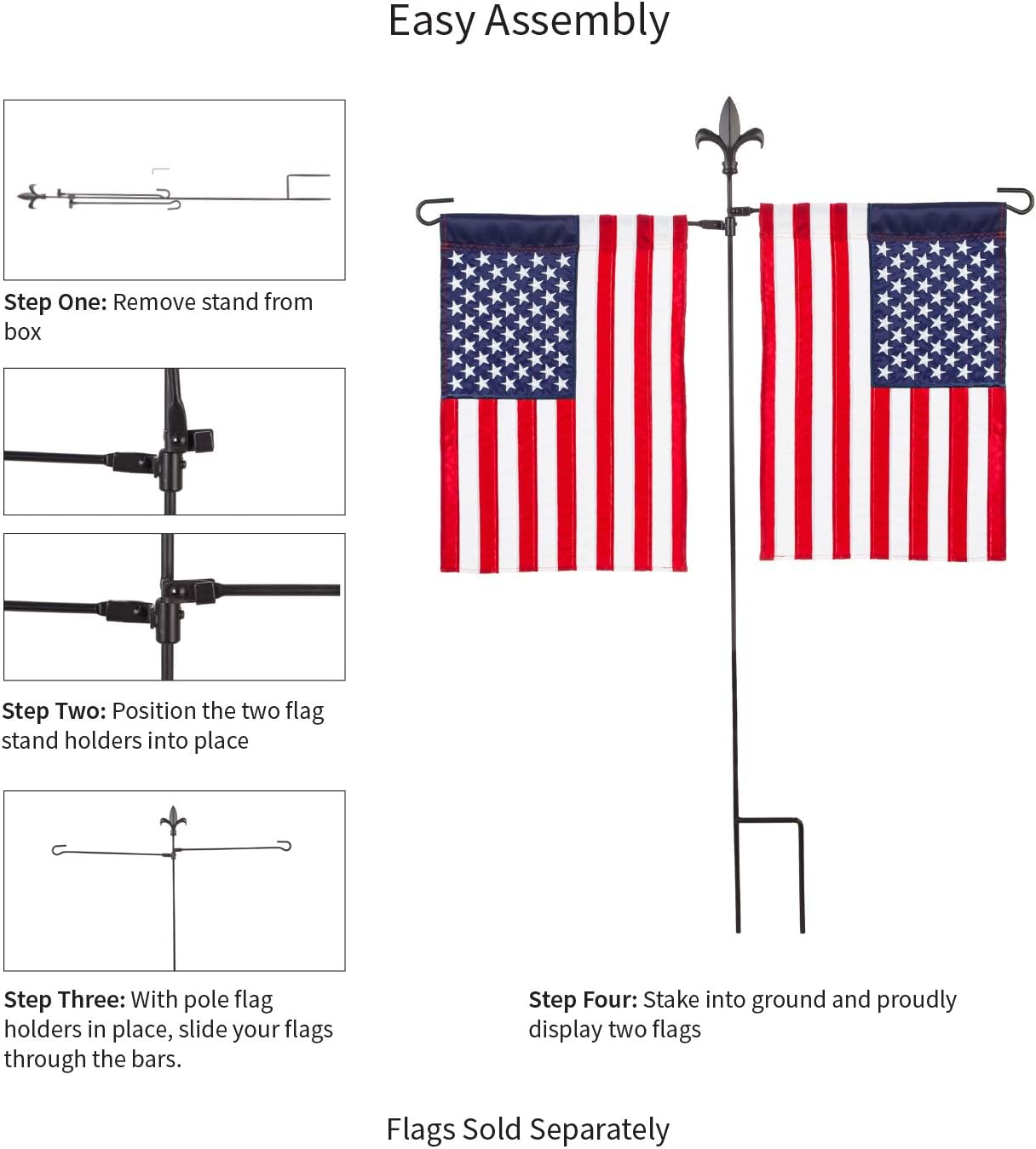 Evergreen Fleur-de-Lis Dual Arm Metal Garden Flag Stand - 32" W x 43" H