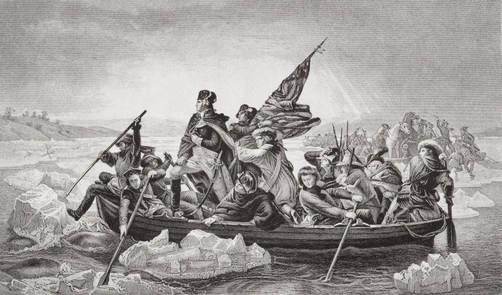 Washington Crossing The Delaware Near Trenton N.J. Natale 1776. George Washington 1732-1799. Primo presidente degli Stati Uniti inciso da F. Merckel dopo E. Leutze dal libro