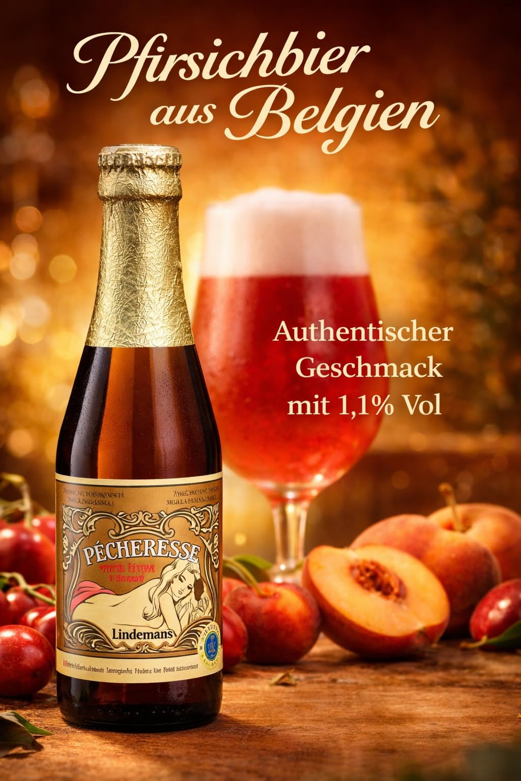 Lindemans Pecheresse Lambic Bier, Fruchtiges Pfirsichbier, 12x0,25l, Mild Erfrischend Süß-Säuerlich, Premium Craft Bier aus Belgien