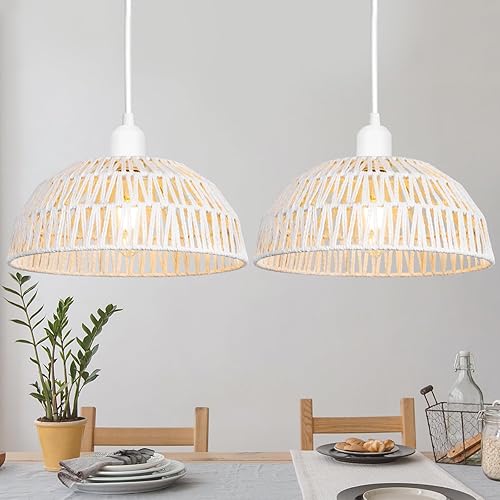 Miniatura 1 de Lámpara colgante de ratán, paquete de 2 unidades, luz colgante de cesta tejida bohemia blanca, lámpara colgante de mimbre hecha a mano, lámpara de