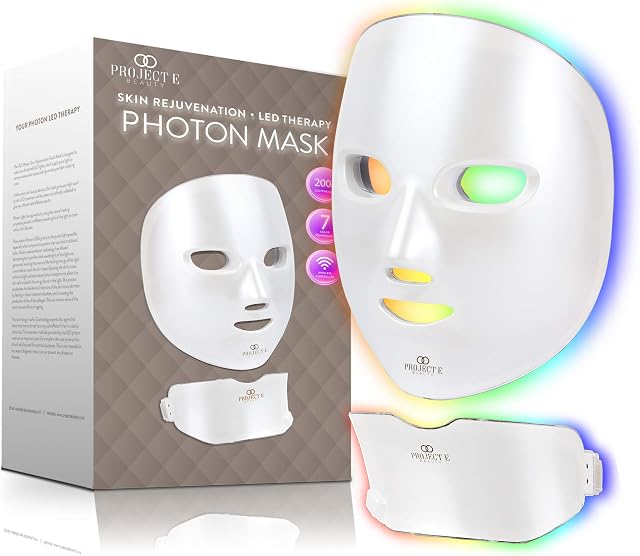 Project E Beauty Photon Skin Rejuvenation Face & Neck Mask | Wireless LED Photon Red Blue Green Therapy 7 Color Light Treatment Anti Aging Acne Spot Removal Wrinkles Whitening Facial Skin Care Mask