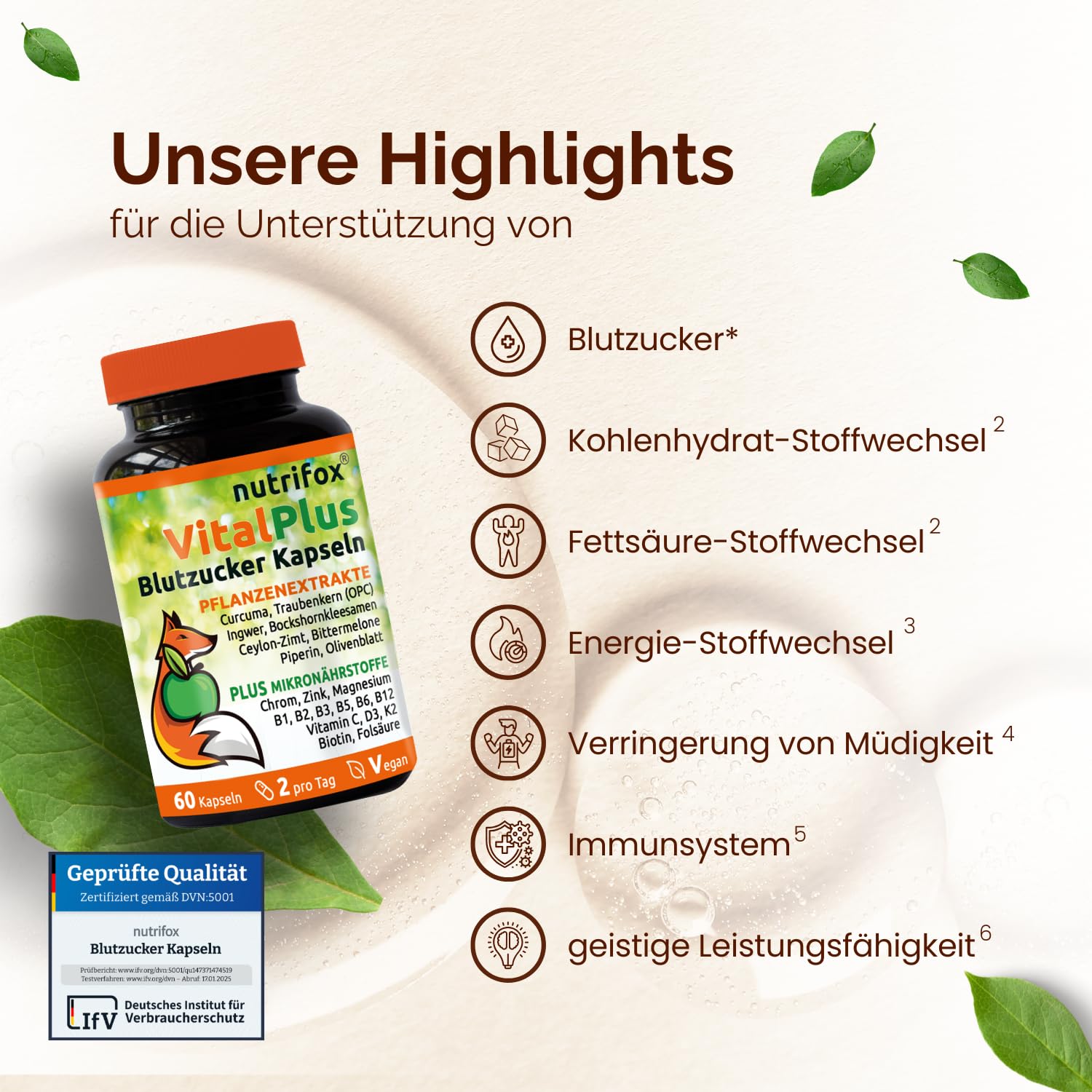 60 Blutzucker Kapseln Vital Plus (Ceylon-Zimt, Chrom, Zink, OPC, Bittermelone, Bockshornkleesamen, Kurkuma, Ingwer, Vitamin B-Komplex, usw.) 1 Monat, von Beratern für Diabetes