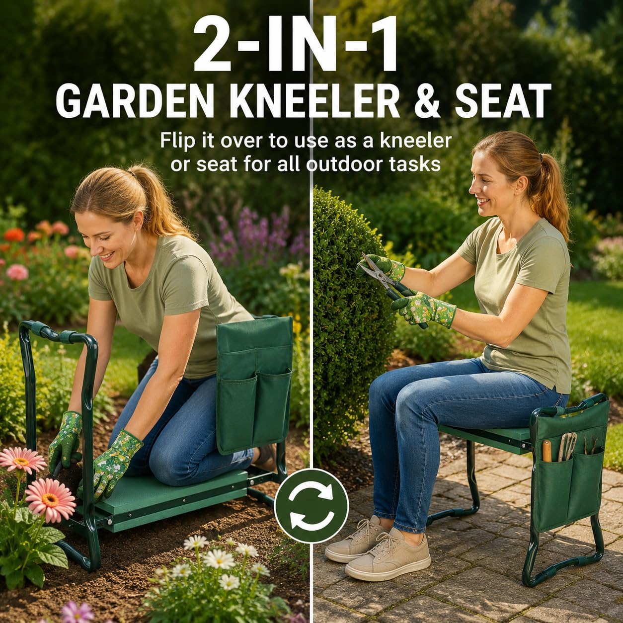 AufuN Repose-genoux 2 en 1 pour le jardinage - Avec coussin en mousse EVA rembourré - Pliable - Pour travailler autour de la maison et du jardin - Jusqu'à 150 kg - Avec 2 sacs de travail - 60 x 50 x