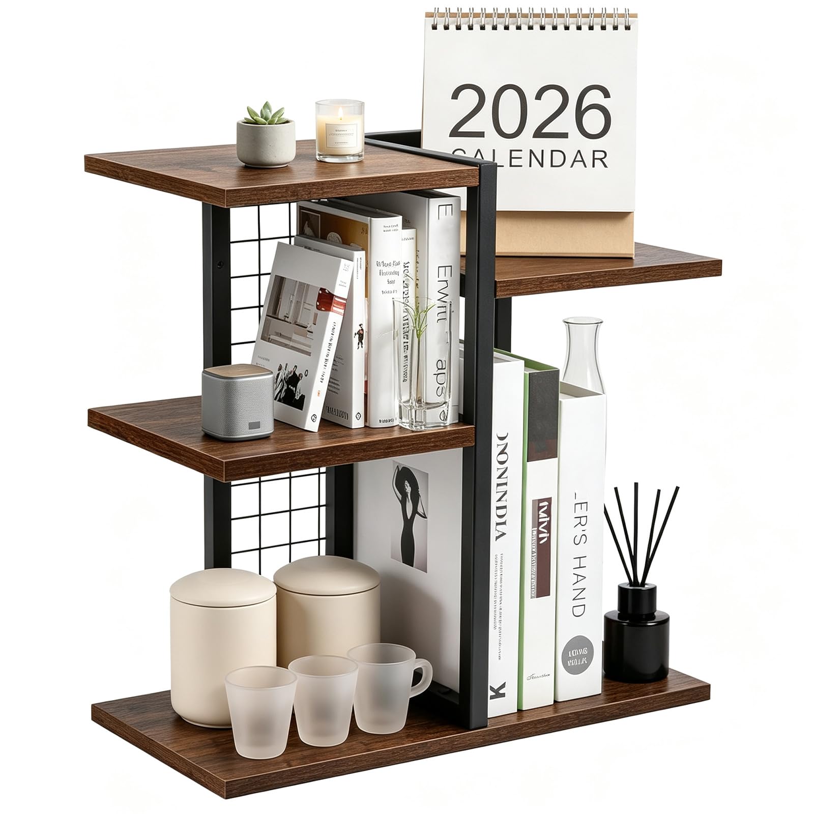 Office Desk Shelf Organizer, 4 Tier Wood Desktop Bookshelf Supplies Storage