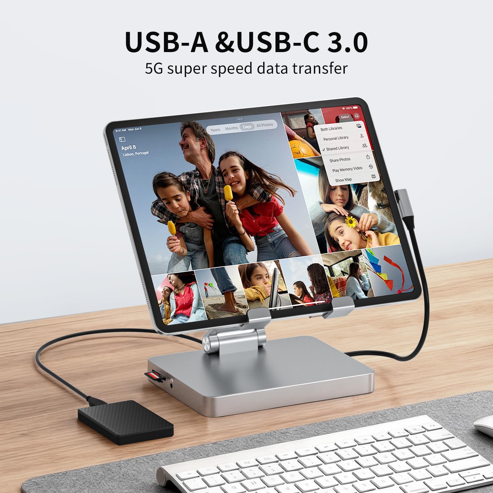 Stojaczek iPad Pro USB C Hub, adapter 10-w-1 do iPad Pro M4 M2 M1 iPad Air, stacja dokująca 4K 60 Hz HDMI, PD, czytnik kart SD/TF, USB 3.0, 3,5 mm audio, RJ45 Ethernet, akcesoria do iPad, tablet