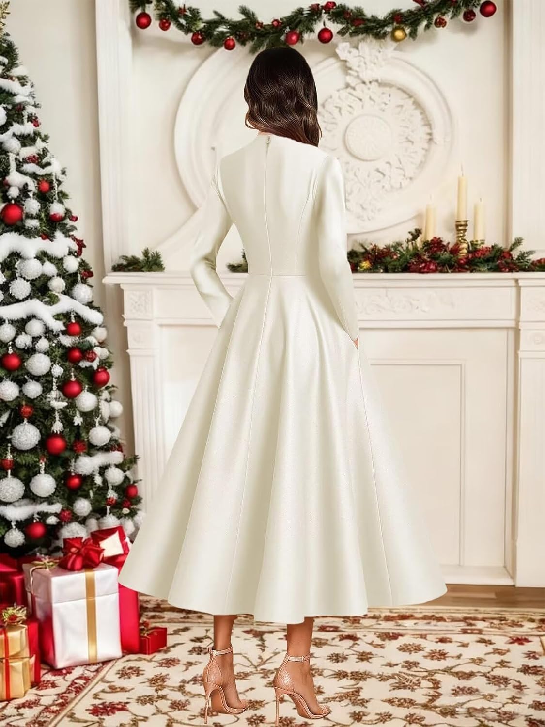 Tea Length Mother of The Bride Dress for Women Long Sleeve Floral Satin Formal Wedding Guest Dress with Pockets - Image 3