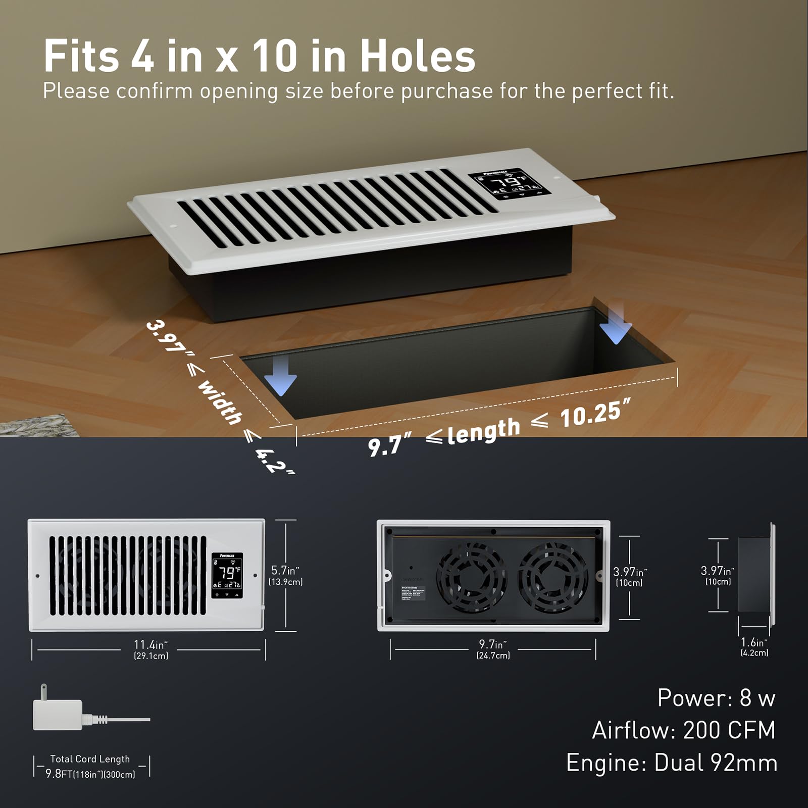 PowerScale - Ventilador inteligente de ventilación de 4 x 10 pulgadas y ventilador de registro de aire silencioso con sensor de humedad | Ventilador de registro con visualización LCD | Ventilador de