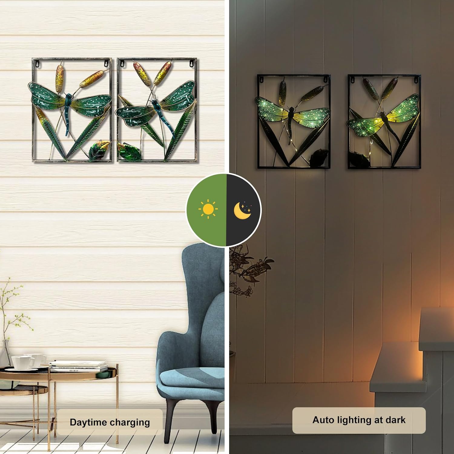 LIFFY Dragonfly Gifts for Women - Dragonfly Outdoor Indoor Wall Decor - Metal Frame Wall Decorations for Home, Holiday or Birthdays, Metal Wall Art Home Accent, Enhance Living Spaces Additions Dragonfly with Warm Lights