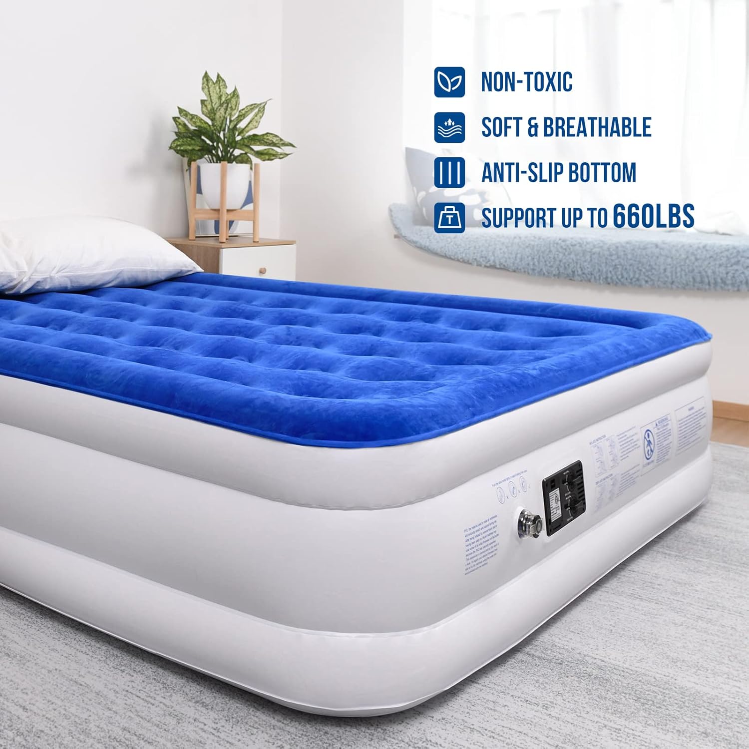 Queen Air Mattress with Built-in Pump, Double High Blow Up Mattress for Home, Camping & Guest, 3 Mins Quick Inflate, Inflatable Air Bed with Water Resistant Flocked Top - 20 Inch