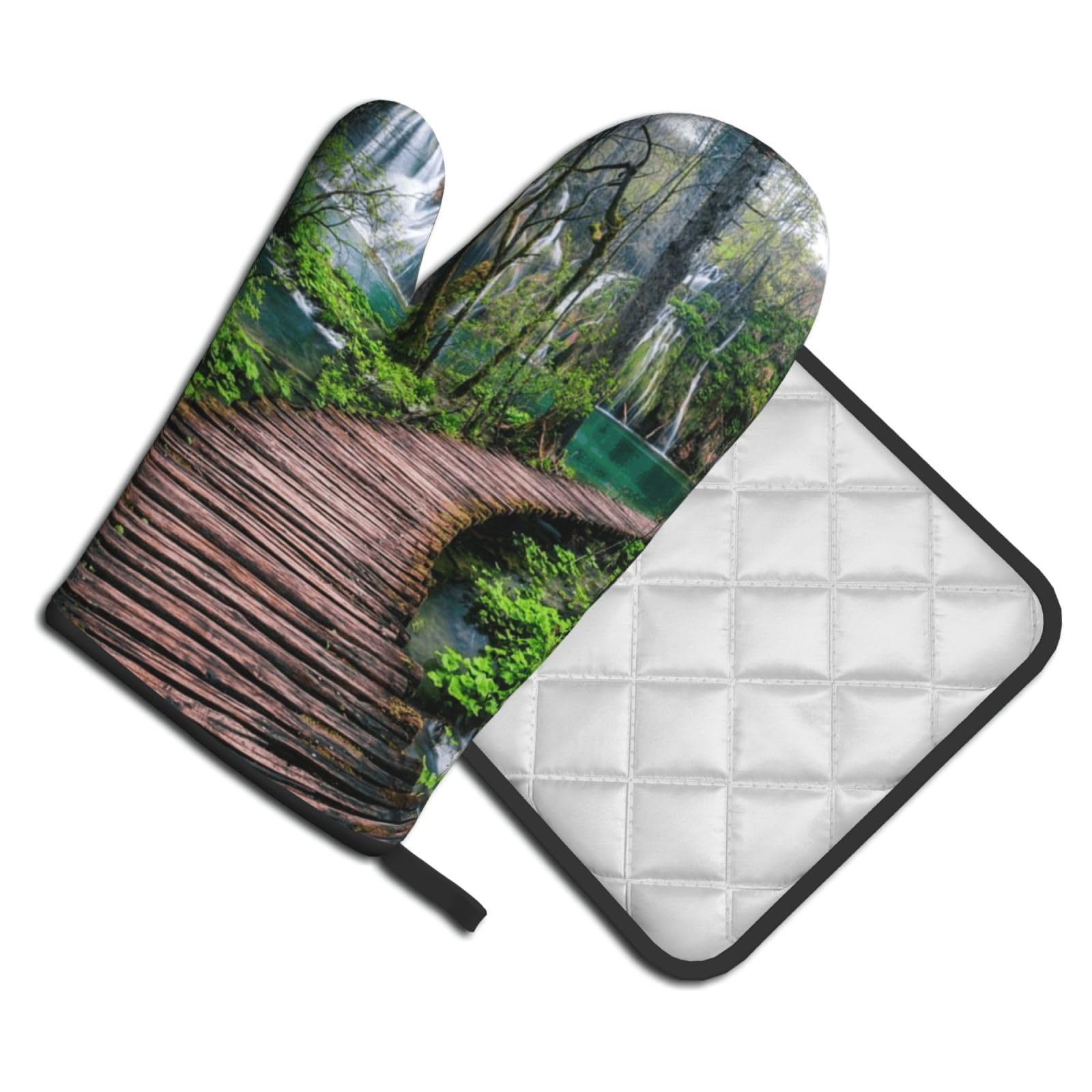 Oven Mitts and Pot Holders Set of 2 Pcs, Wooden Bridge Printed Heat Resistant Kitchen Gloves Potholders for Cooking Baking Grilling