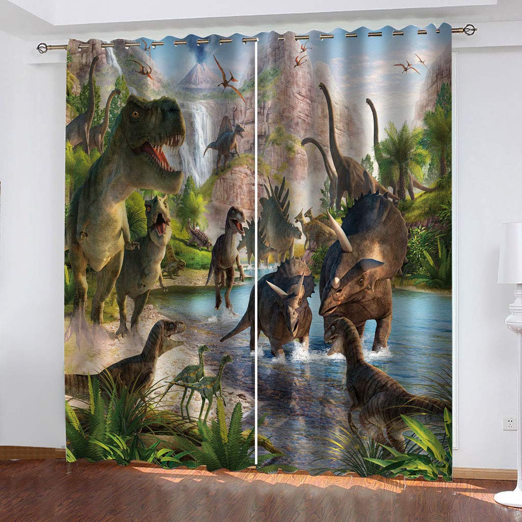 3D Dinosaures Animaux Rideau Occultant À Oeillets, 234x230 Cm Lot De 2 Décoration Rideaux Isolant Thermique Anti Froid Et Chaleur 100%, Chambre Fenetre Et Salon, pour Maison