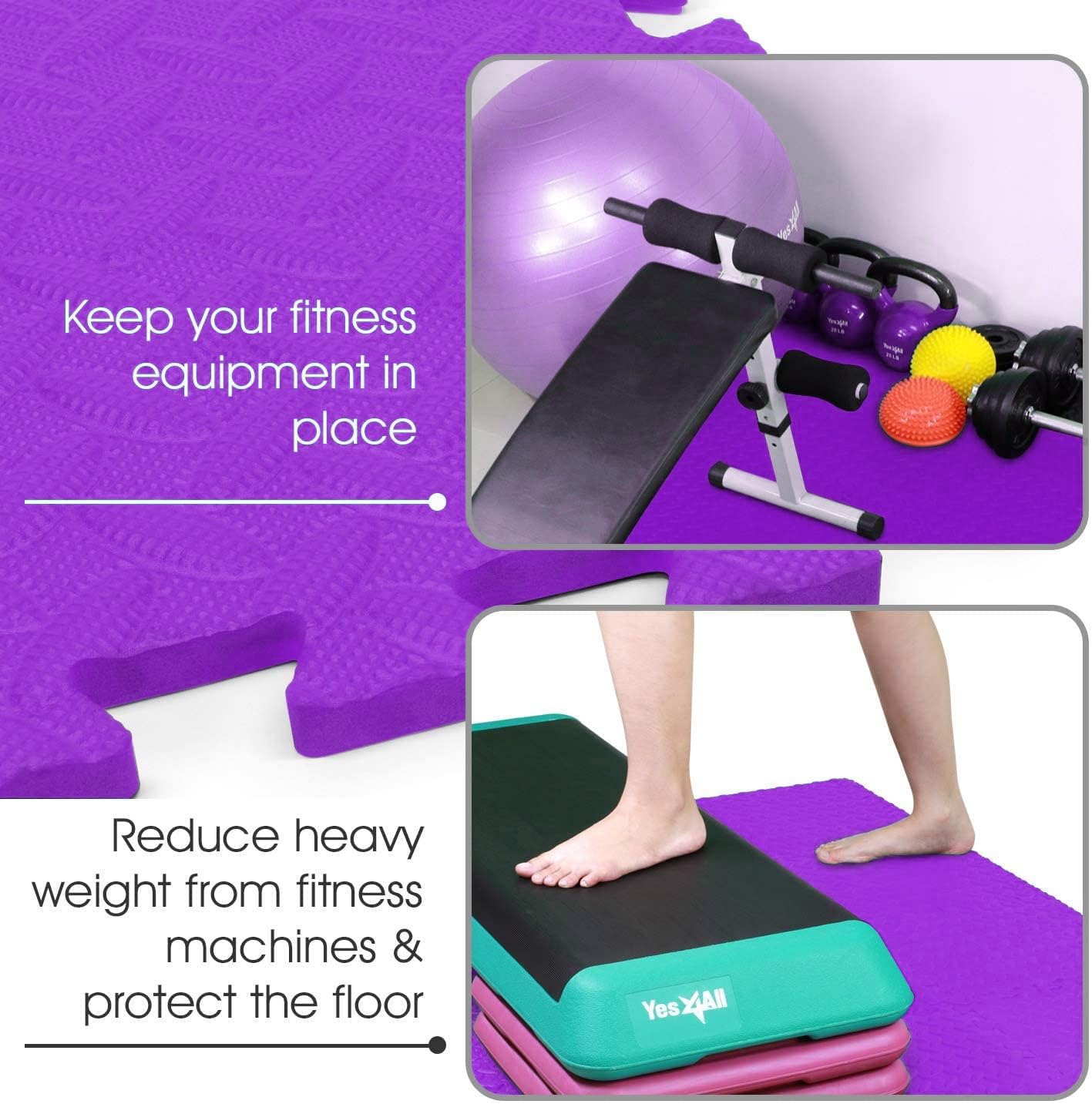 GSQUARE Fitness Puzzle Mat, Gym Floor Mat, Exercise Mat, EVA Foam Interlocking Tiles, Protective Flooring for Gym Equipment and Workouts, 12mm Extra Thick (Purple, 4pcs - 16 Square Feet) 4