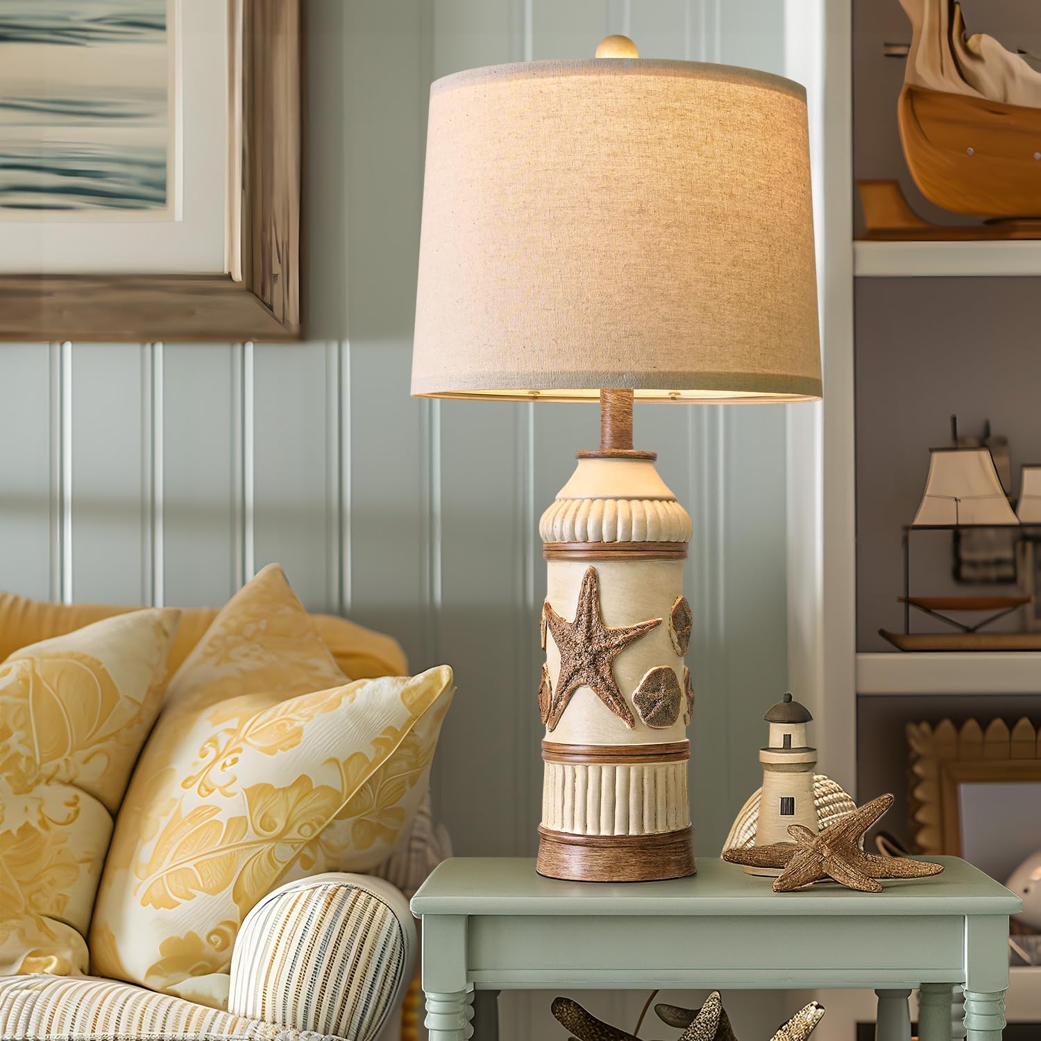 OYEARS 24" Table Lamps Set of 2,Boho Table Lamps for Living Room,Bedside Lamp for Nightstands,Coastal Nautical Lamp with Starfish Conch Pattern for Decor, End Table, Vintage Retro Beach, Off White