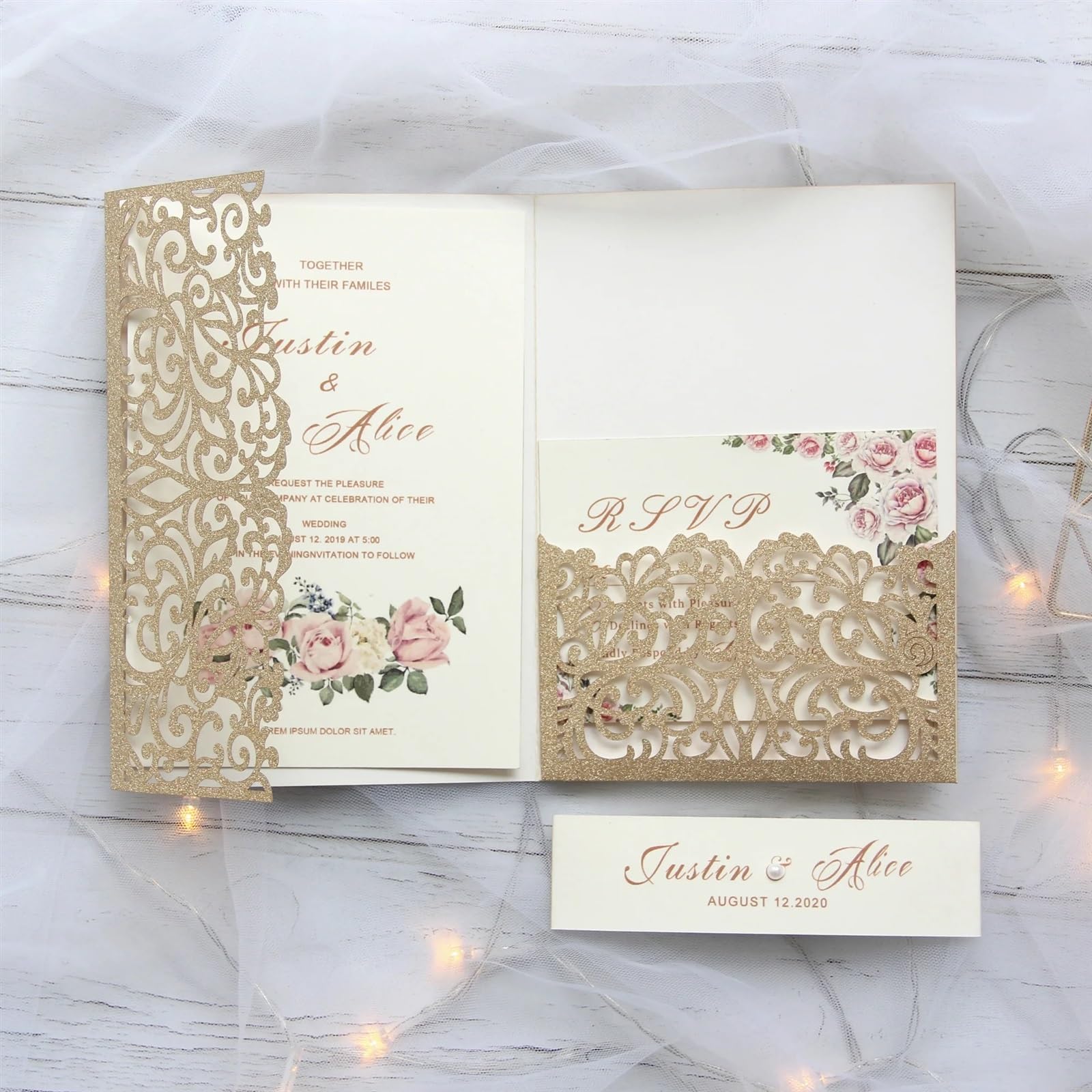 Hochzeitseinladungen Karte Drucken Sie benutzerdefinierte, lasergeschnittene Hochzeitseinladungskarten mit glitzerndem Einladungsset und dreifach gefalteten Tascheneinladungen mit Umschlag Hochzeitska