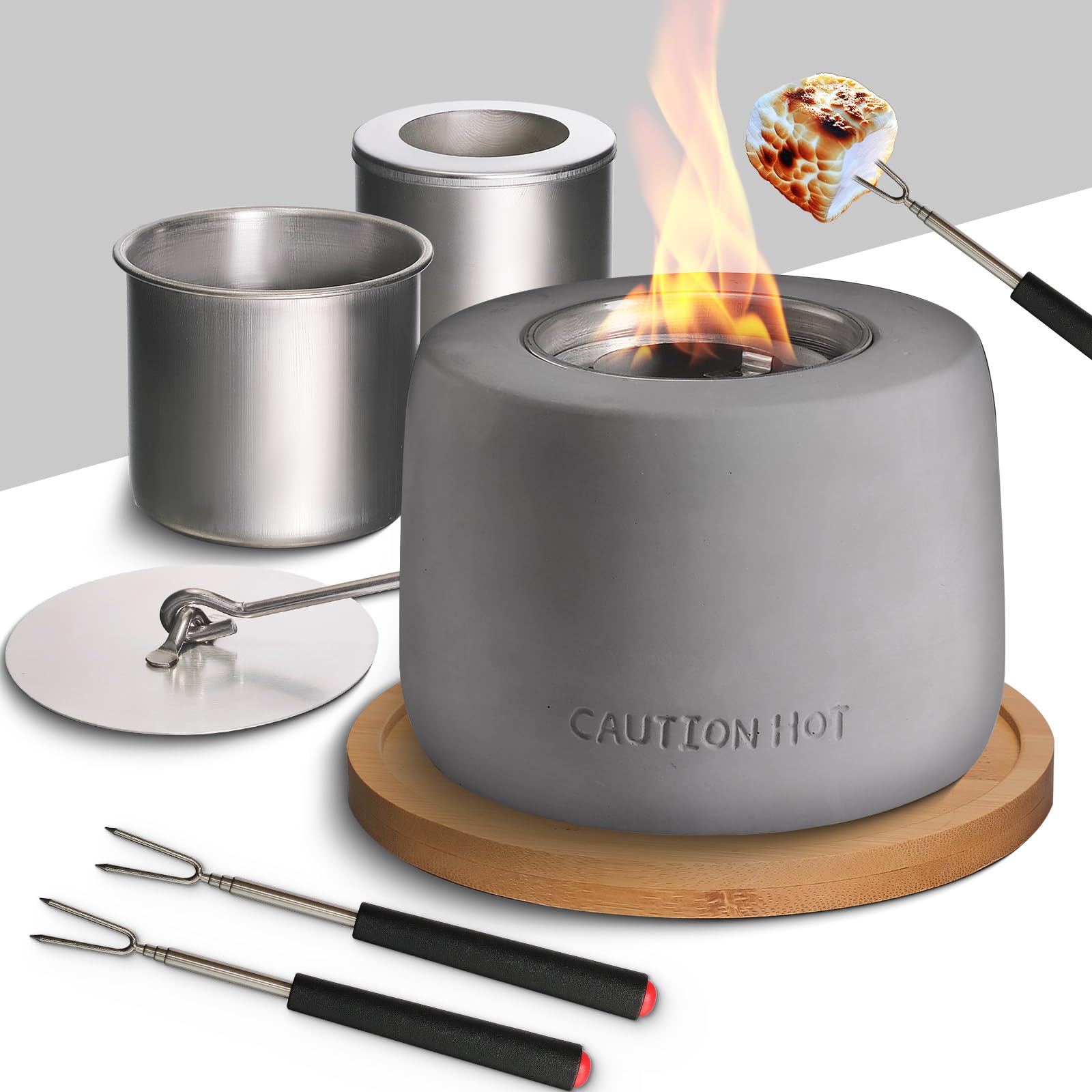 Table Top Firepit with S'Mores Kit - Mini Fire Pit for Indoor & Outdoor - Smokeless Fire Pits for Outside - Smore Maker Tabletop Indoor Kit - Extendable Forks & Wooden Base- Concrete Round Mid Grey