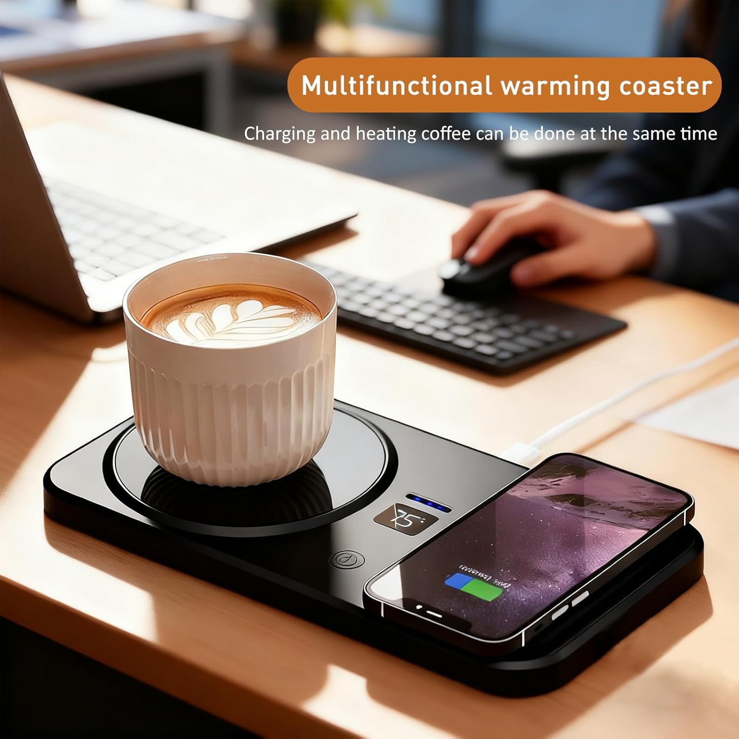 Wireless Coffee Mug Warmer Smart Cup Warmer for Office Desk,Multifunction Electric Beverage Warmer Plate, Type-C Heating Coaster Drink Warmer (Black)