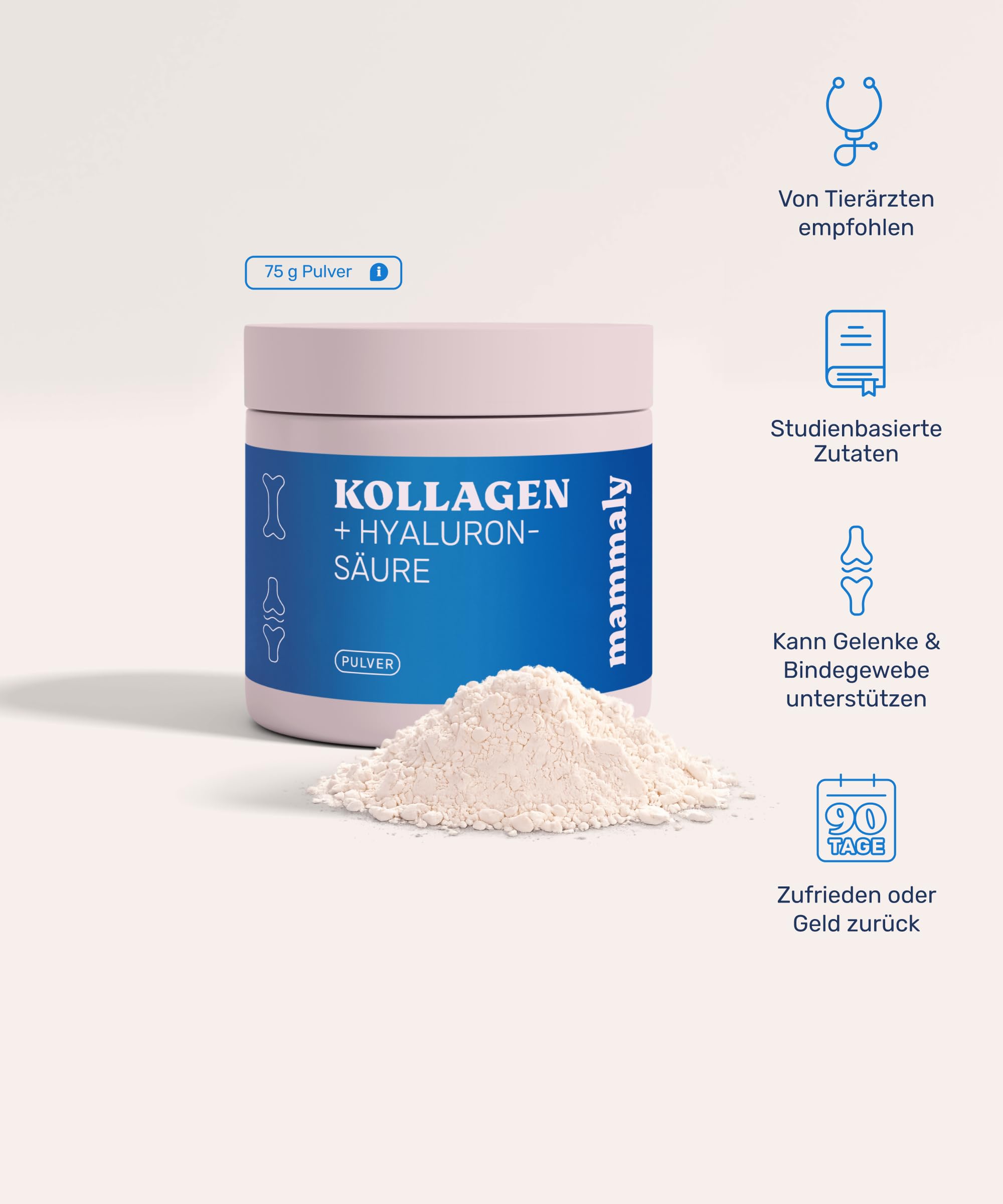 mammaly Kollagen & Hyaluron Pulver für Hunde - 99% Kollagenhydrolysat Gelenkpulver unterstützt Gelenke, Sehnen, Bänder - Natürliches Collagen Hund zur Nahrungsergänzung - 75g reichen bis zu 75 Tage