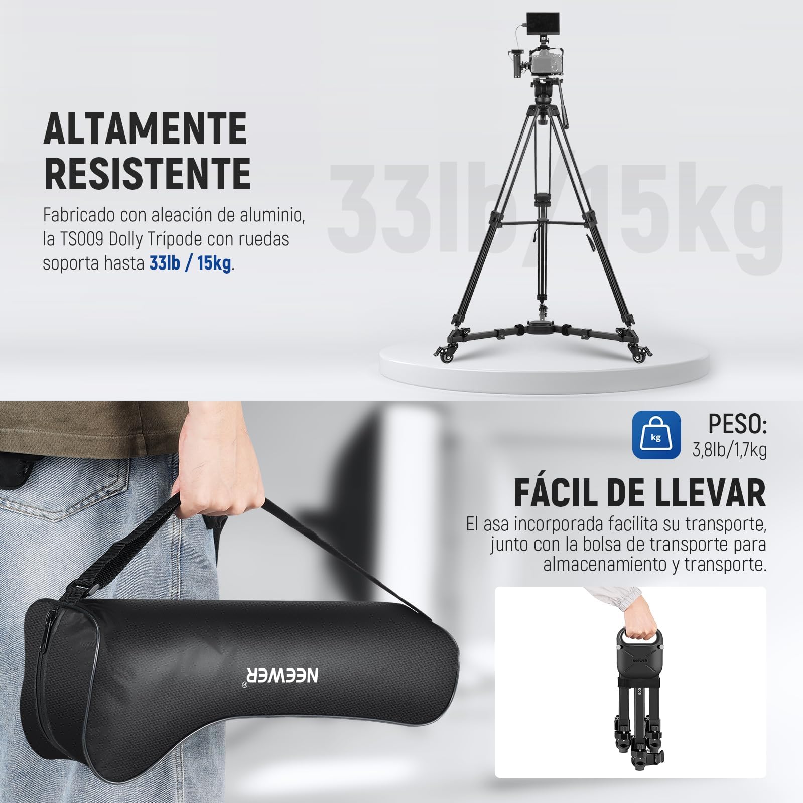 NEEWER Trípode para Fotografía, Liberación Rápida con Goma Ruedas de 2 Pulgadas, Patas Telescópicas, Asa y Bolsa, 33 Libras, Resistente para DSLR Cámaras, Videocámaras, Grabación de Vídeo,TS009